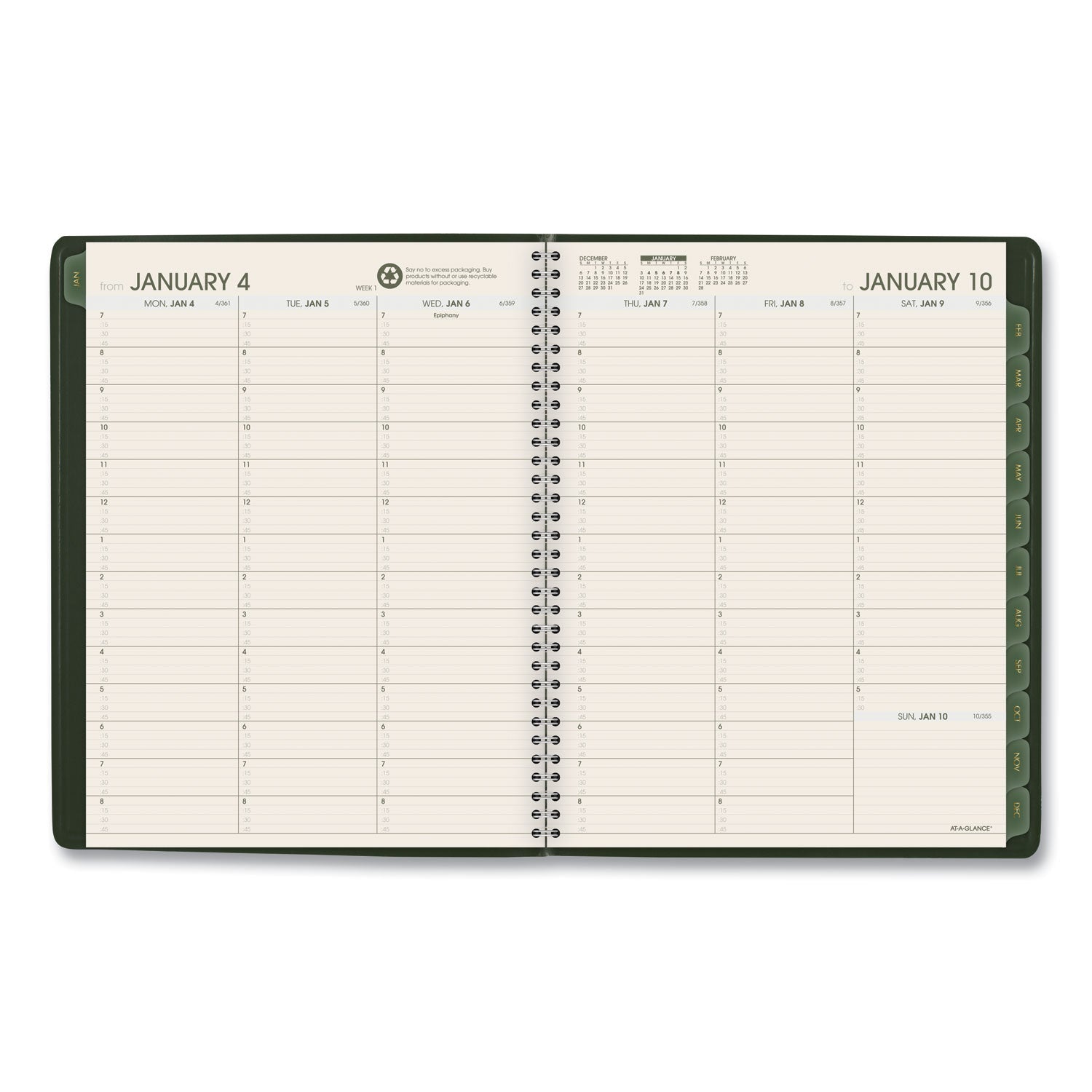 AT-A-GLANCE® Recycled Weekly Vertical-Column Format Appointment Book, 11 x 8.25, Green Cover, 12-Month (Jan to Dec): 2025