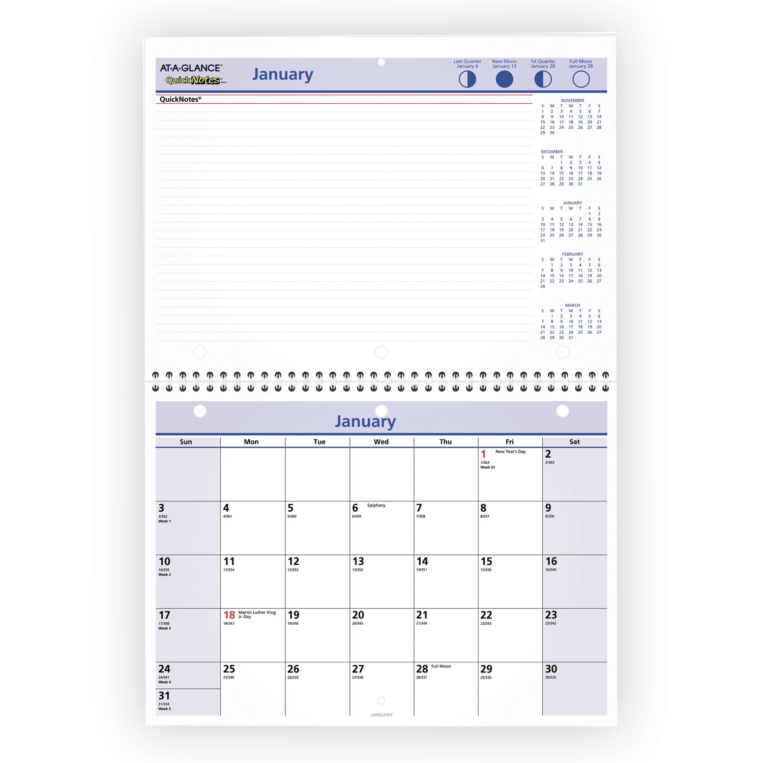 AT-A-GLANCE® QuickNotes Desk/Wall Calendar, 3-Hole Punched, 11 x 8, White/Blue/Yellow Sheets, 12-Month (Jan to Dec): 2025