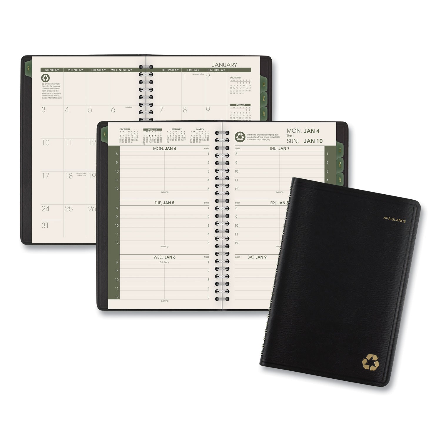 Recycled Weekly Block Format Appointment Book, 8.5 x 5.5, Black Cover, 12-Month (Jan to Dec): 2025