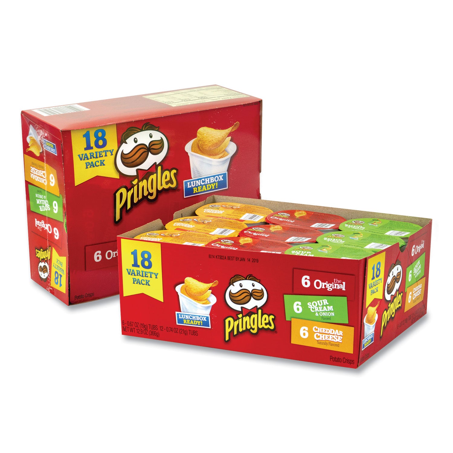 Pringles® Potato Chips, Assorted, 0.67 oz Tub, 18 Tubs/Box, 2 Boxes/Carton