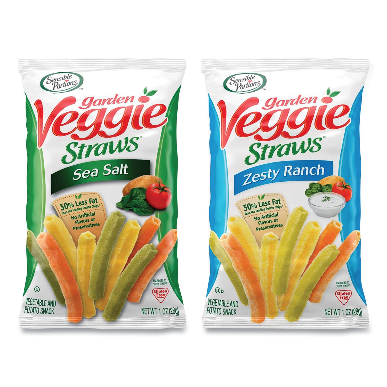 Sensible Portions® Veggie Straws, Cheddar Cheese/Sea Salt/Zesty Ranch, 1 oz Bag, 30 Bags/Carton