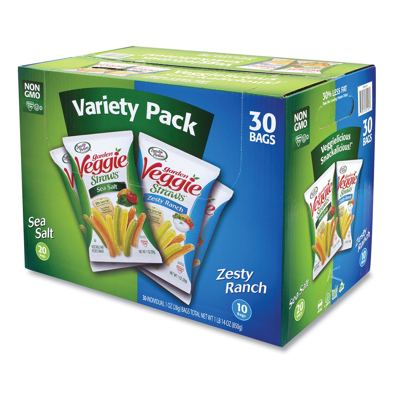 Sensible Portions® Veggie Straws, Cheddar Cheese/Sea Salt/Zesty Ranch, 1 oz Bag, 30 Bags/Carton