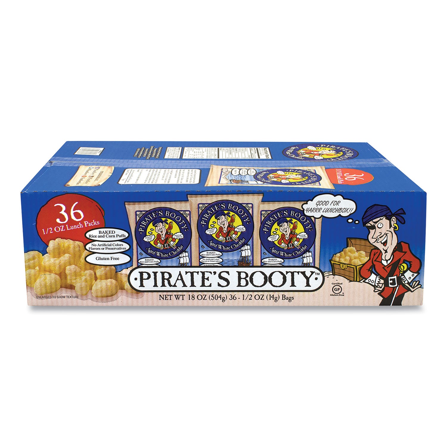 Pirate's Booty® Puffs, Aged White Cheddar, 0.5 oz Bag, 36/Box