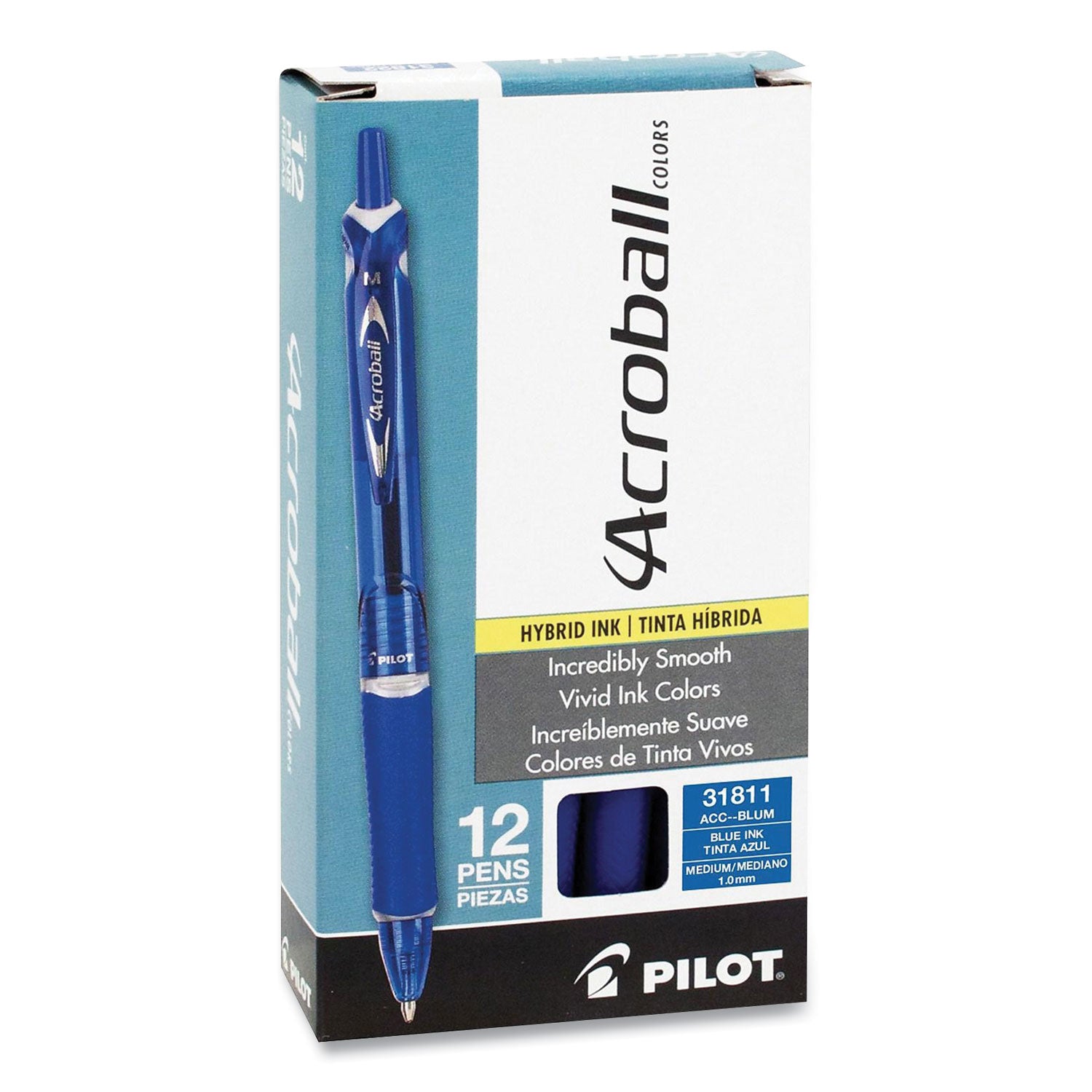Pilot® Acroball Colors Advanced Ink Hybrid Gel Pen, Retractable, Medium 1 mm, Blue Ink, Translucent Blue/Blue Barrel, Dozen