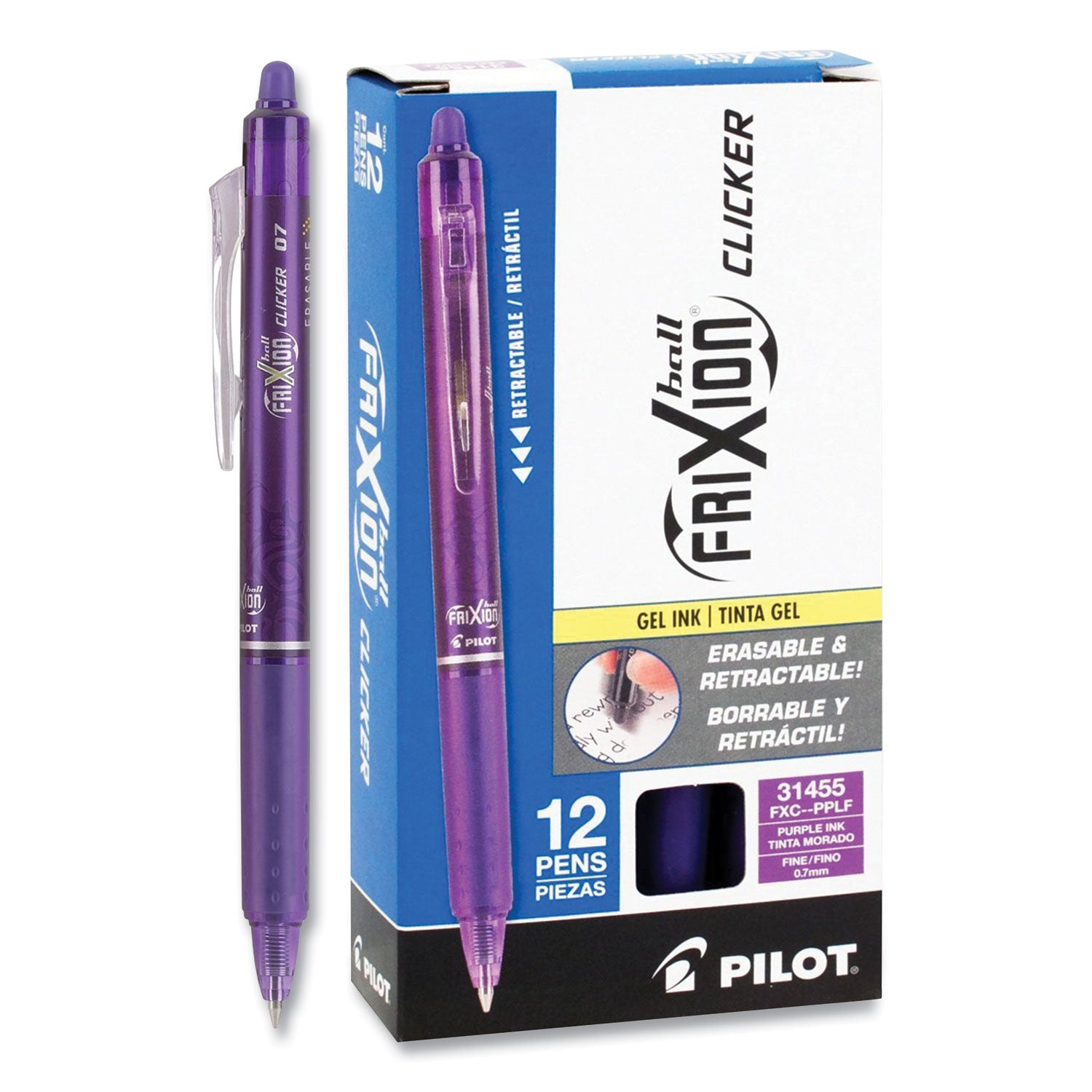 Pilot® Frixion Clicker Erasable Gel Pen, Retractable, Fine 0.7 Mm, Purple Ink, Purple Barrel, Dozen