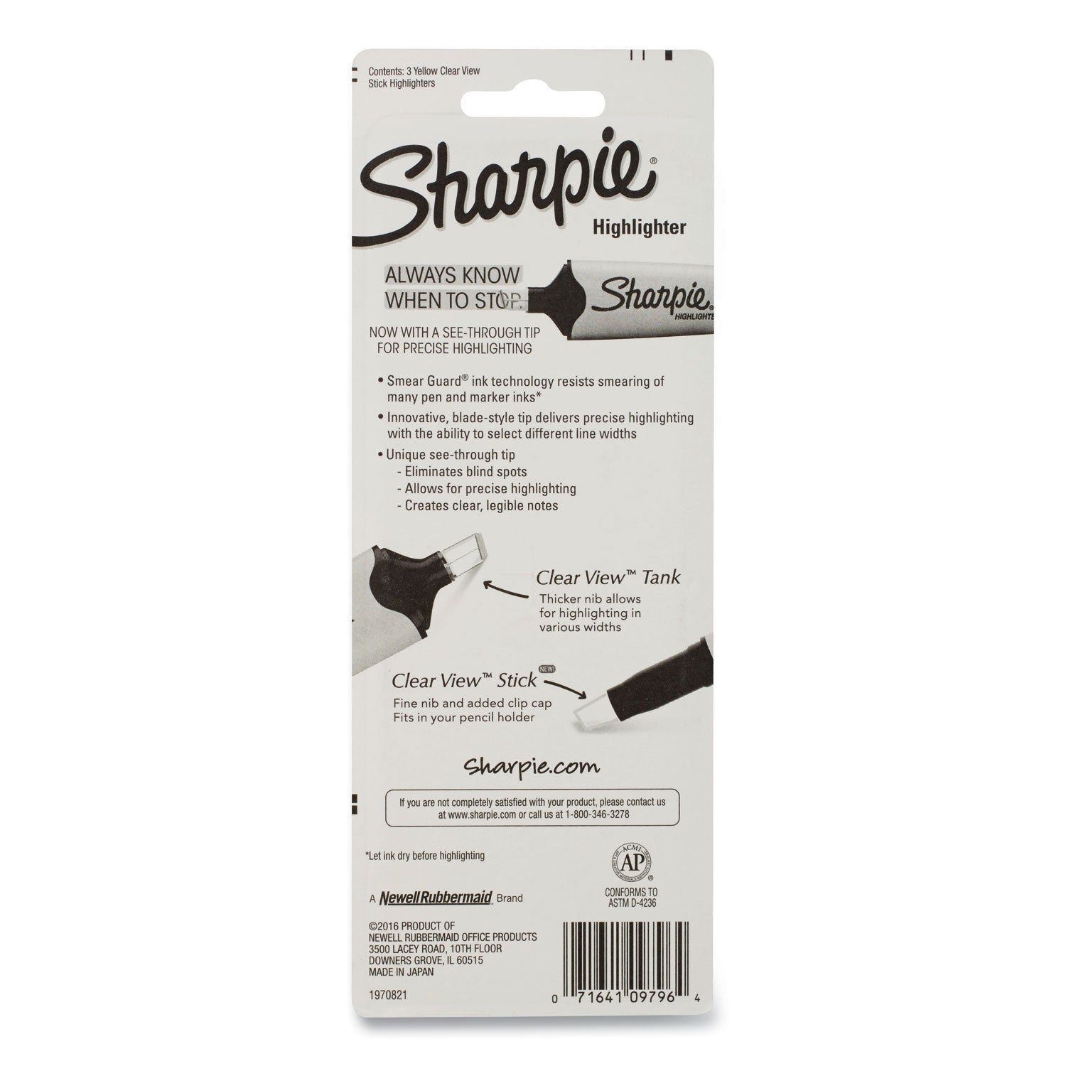 Sharpie® Clearview Pen-Style Highlighter, Fluorescent Yellow Ink, Chisel Tip, Yellow/black/clear Barrel, 3/pack
