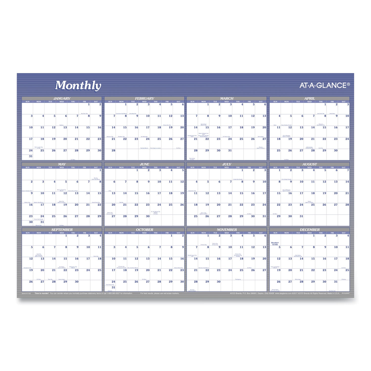 AT-A-GLANCE® Vertical/Horizontal Erasable Quarterly/Monthly Wall Planner, 24 x 36, White/Blue Sheets, 12-Month (Jan to Dec): 2025
