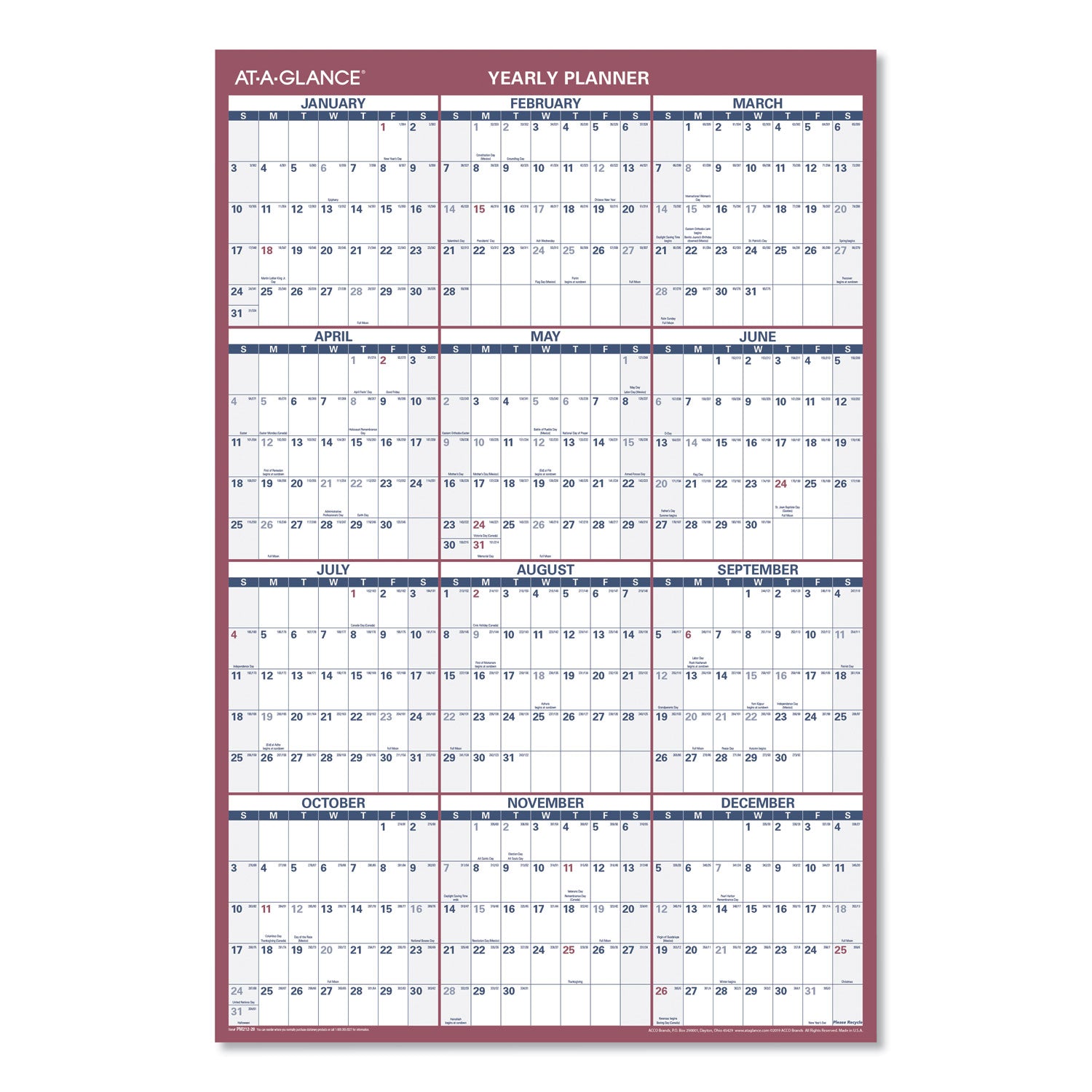 AT-A-GLANCE® Vertical/Horizontal Wall Calendar, 24 x 36, White/Blue/Red Sheets, 12-Month (Jan to Dec): 2025