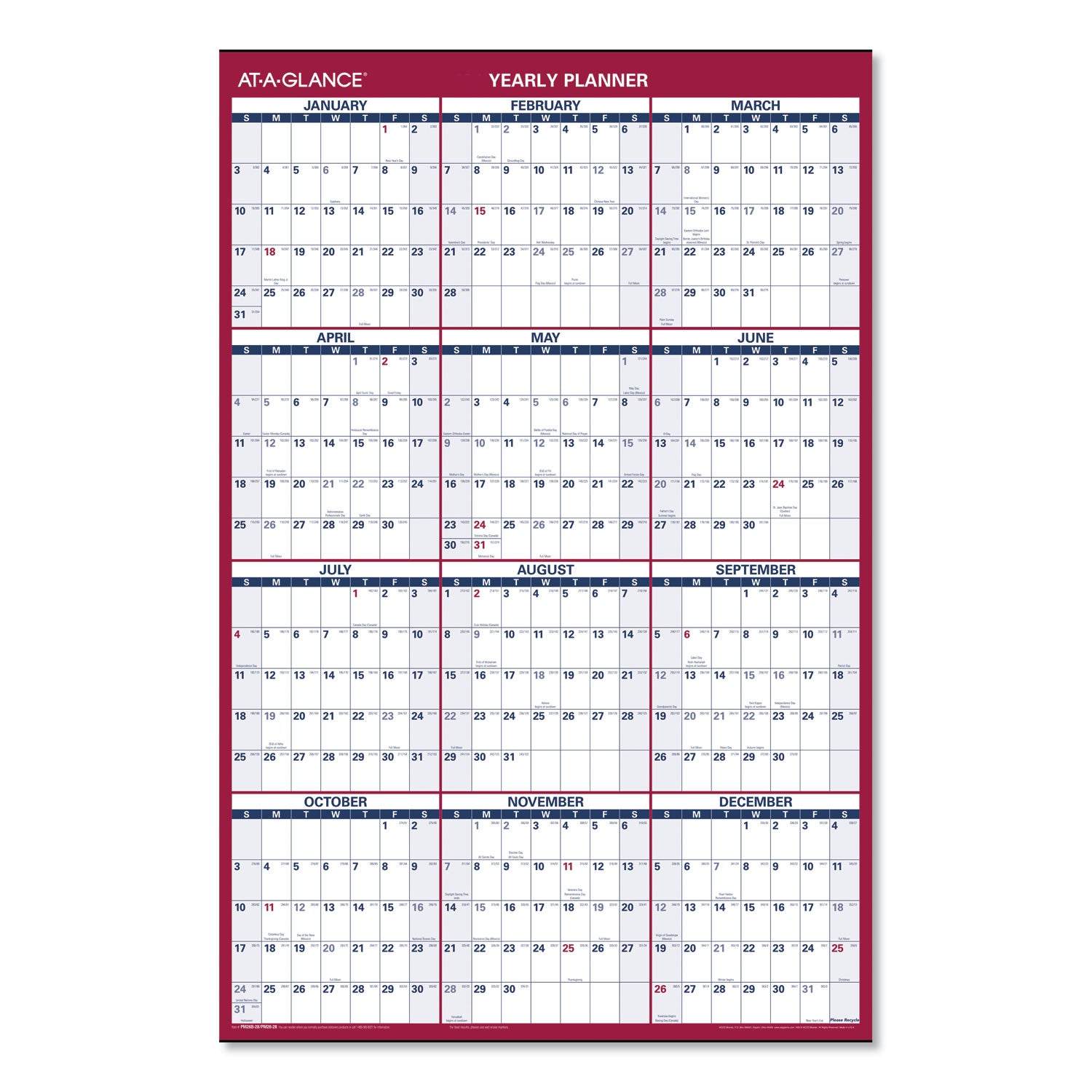 AT-A-GLANCE® Erasable Vertical/Horizontal Wall Planner, 24 x 36, White/Blue/Red Sheets, 12-Month (Jan to Dec): 2025