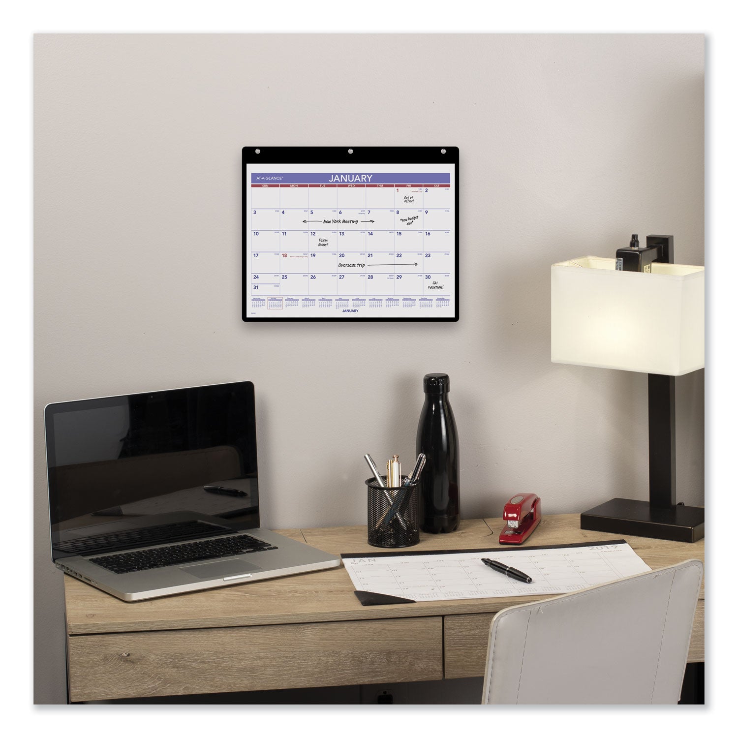 AT-A-GLANCE® Monthly Desk/Wall Calendar with Plastic Backboard and Bonus Pages, 11 x 8, White/Violet/Red Sheets, 12-Month (Jan-Dec): 2025