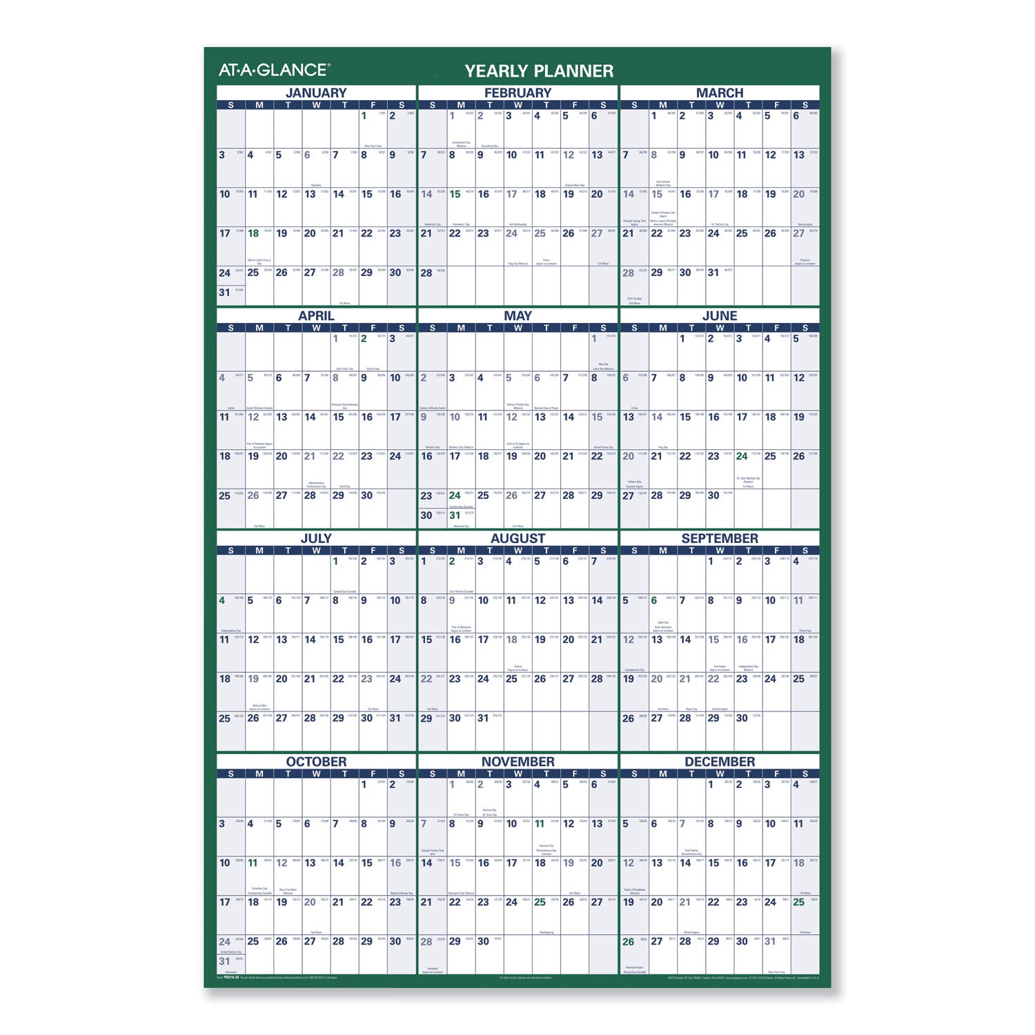 Vertical Erasable Wall Planner, 32 x 48, White/Green Sheets, 12-Month (Jan to Dec): 2025