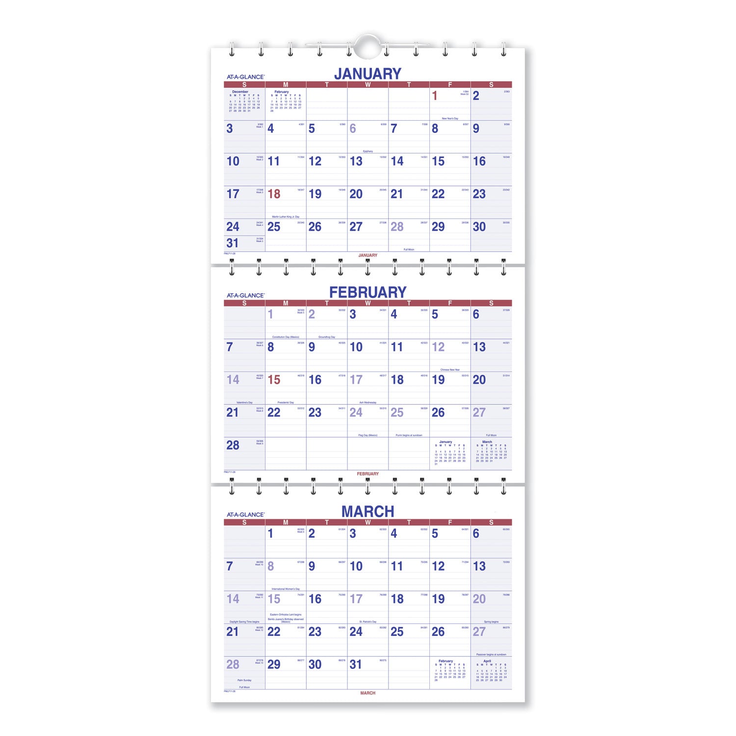 Move-A-Page Three-Month Wall Calendar, 12 x 27, White/Red/Blue Sheets, 15-Month: Dec 2024 to Feb 2026