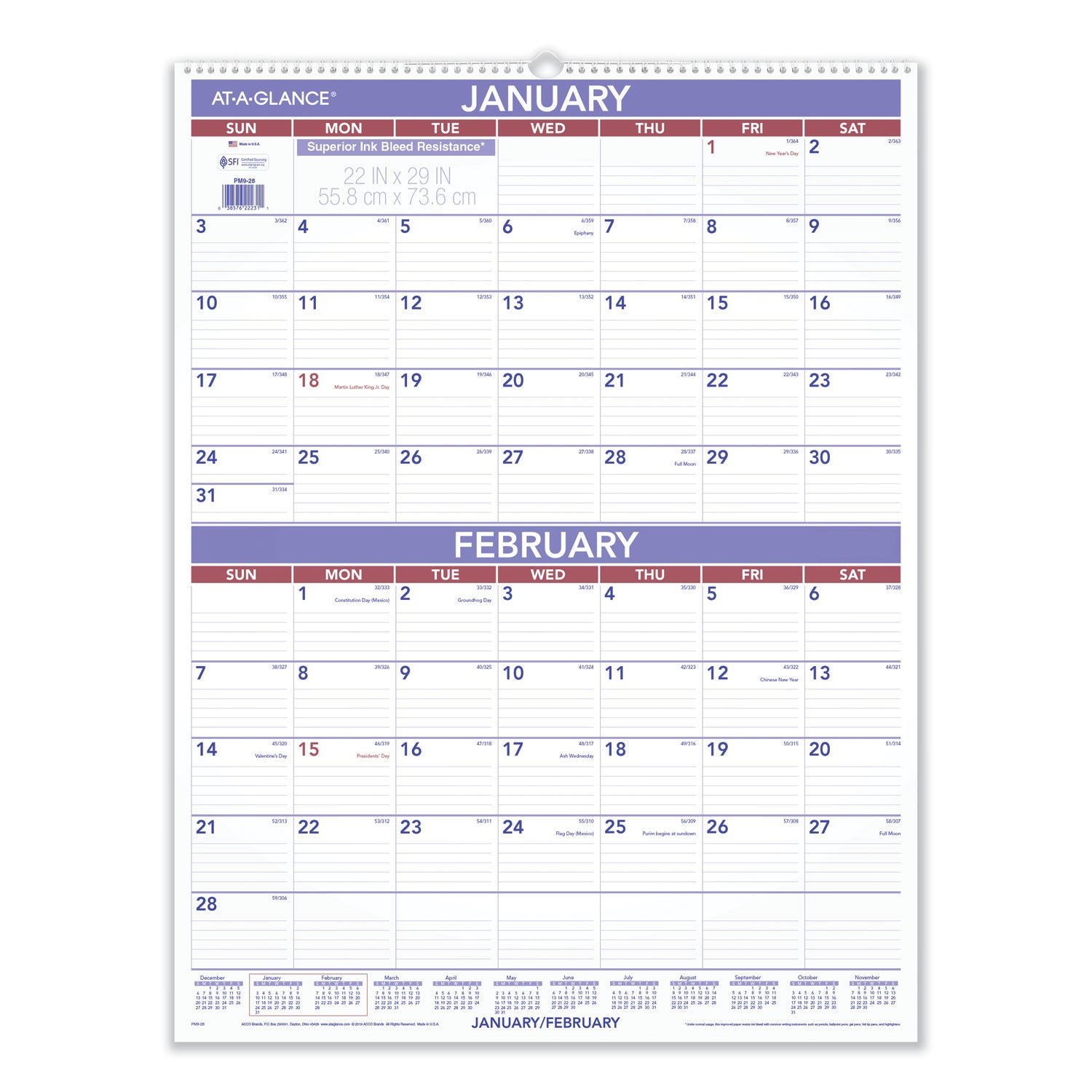 Two-Month Wall Calendar, 22 x 29, White/Blue/Red Sheets, 12-Month (Jan to Dec): 2025