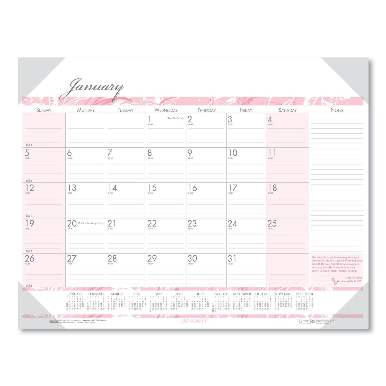 Recycled Monthly Desk Pad Calendar, Breast Cancer Awareness Artwork, 18.5 x 13, Black Binding/Corners,12-Month(Jan-Dec): 2025