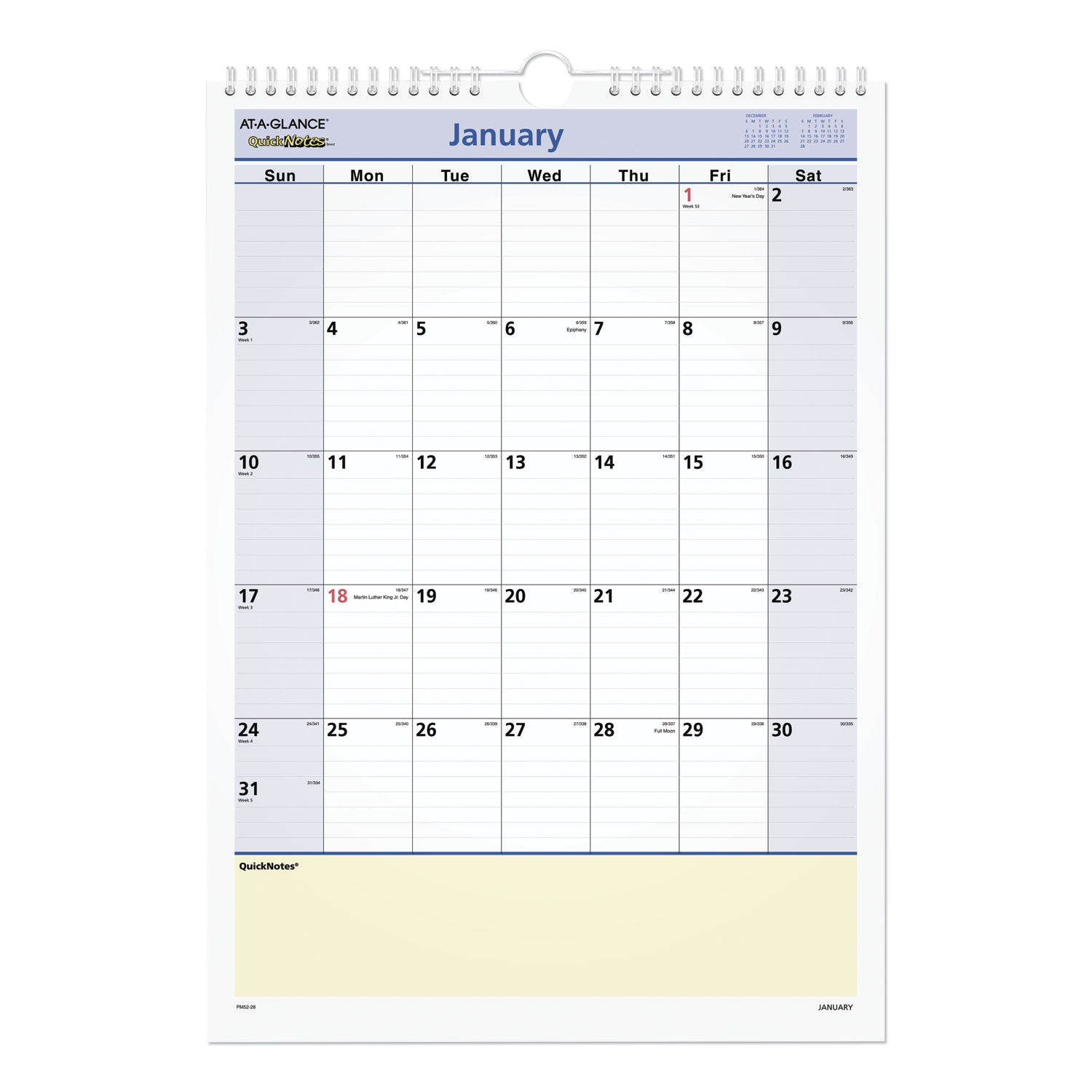 QuickNotes Wall Calendar, 12 x 17, White/Blue/Yellow Sheets, 12-Month (Jan to Dec): 2025