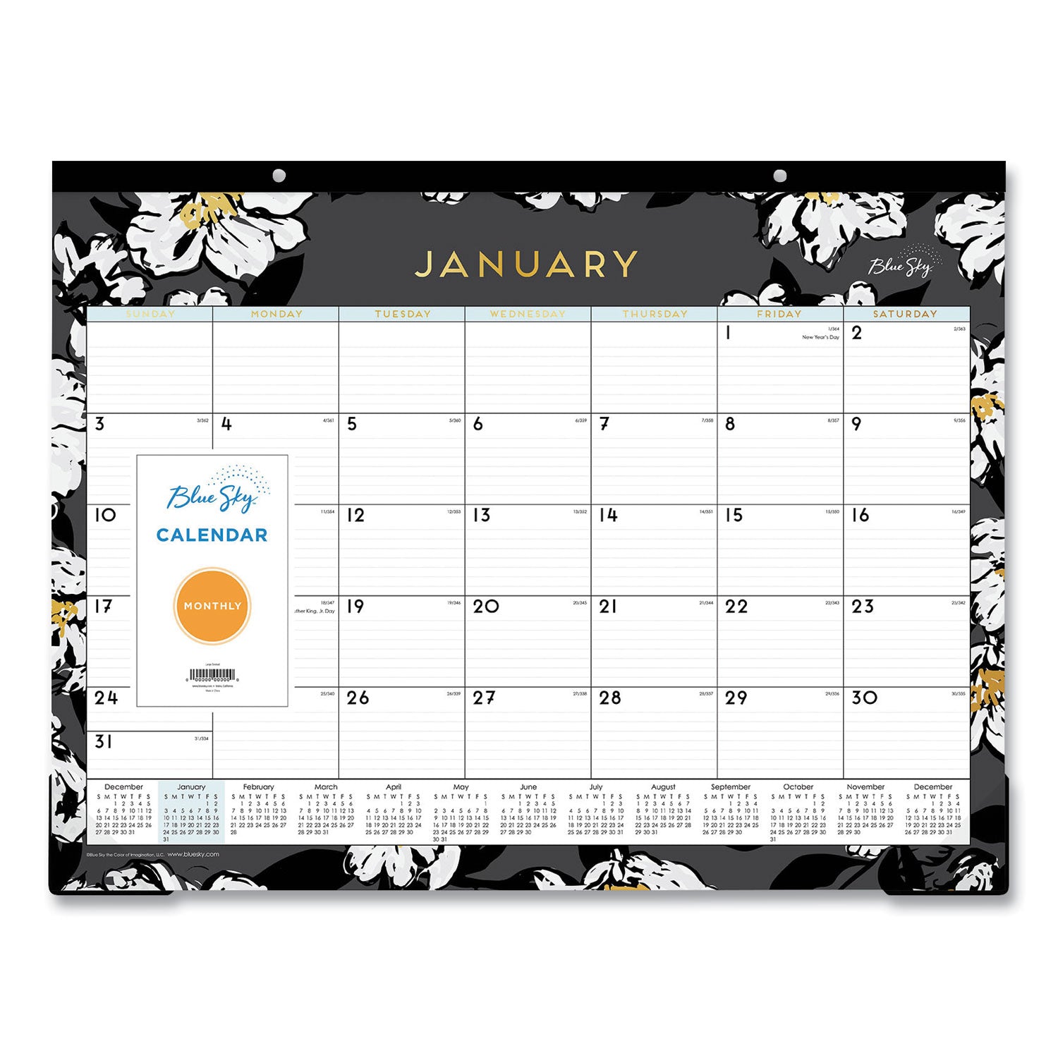 Baccara Dark Desk Pad, Floral Artwork, 22 x 17, White/Black/Gold Sheets, Black Binding, 12-Month (Jan to Dec): 2025