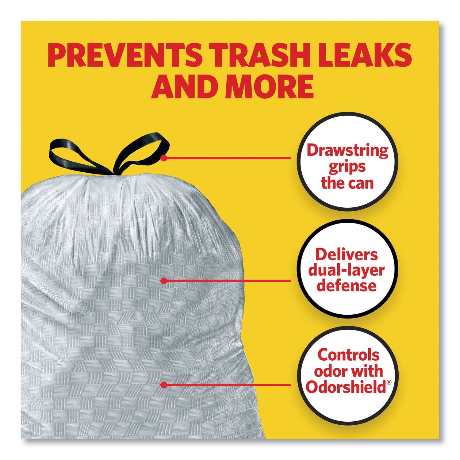 Glad® Tall Kitchen Drawstring Trash Bags with LeakGuard, 13 gal, Unscented, 23.75" x 25.38", White, 120/Box