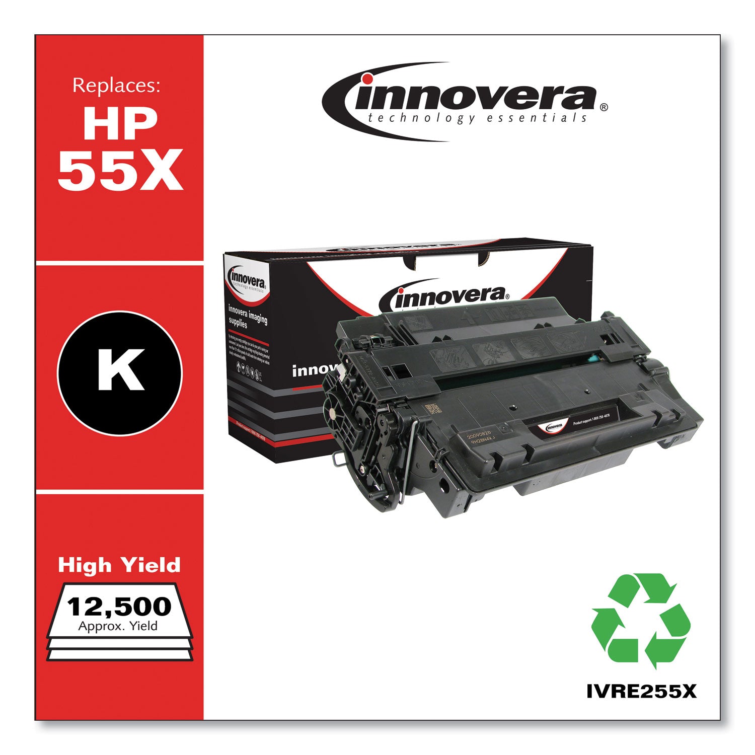 Innovera® Remanufactured Black High-Yield Toner, Replacement for 55X (CE255X), 12,500 Page-Yield