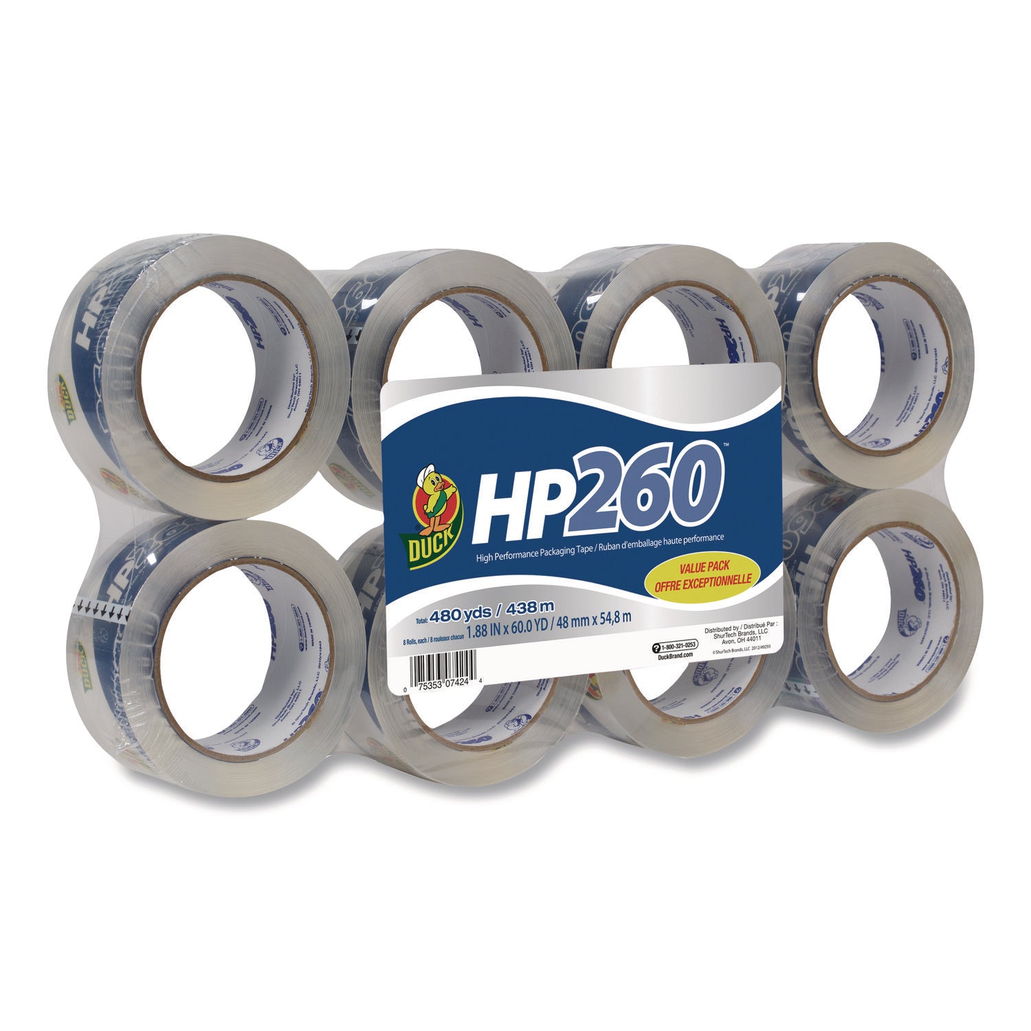 HP260 Packaging Tape, 3" Core, 1.88" x 60 yds, Clear, 8/Pack