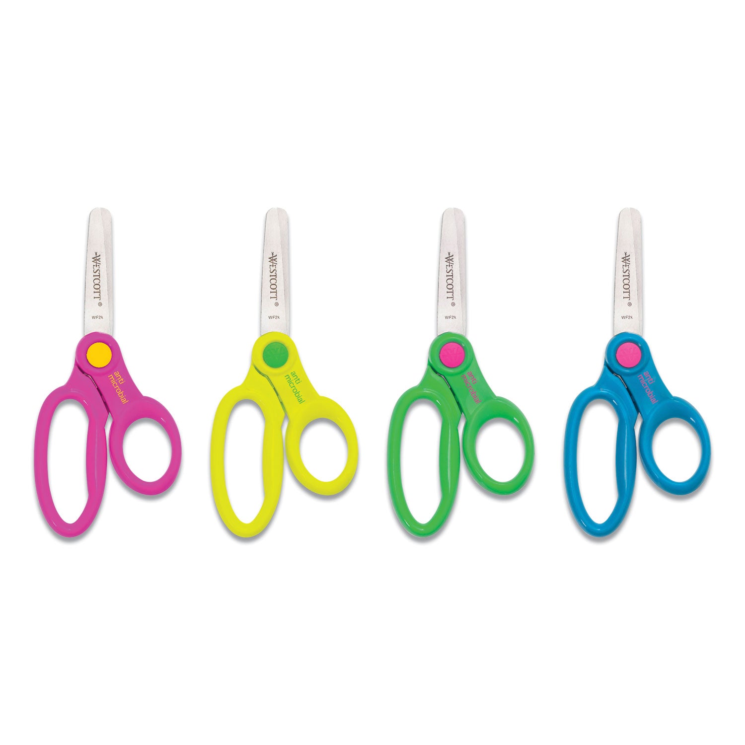 Westcott® Kids' Scissors with Antimicrobial Protection, Rounded Tip, 5" Long, 2" Cut Length, Straight Assorted Color Handles, 12/Pack