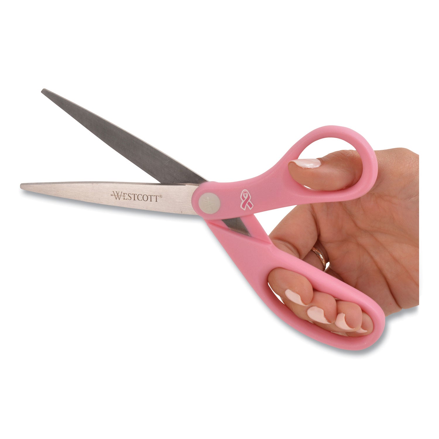 Westcott® All Purpose Pink Ribbon Scissors, Breast Cancer Awareness, 8" Long, 3.5" Cut Length, Straight Pink Handle