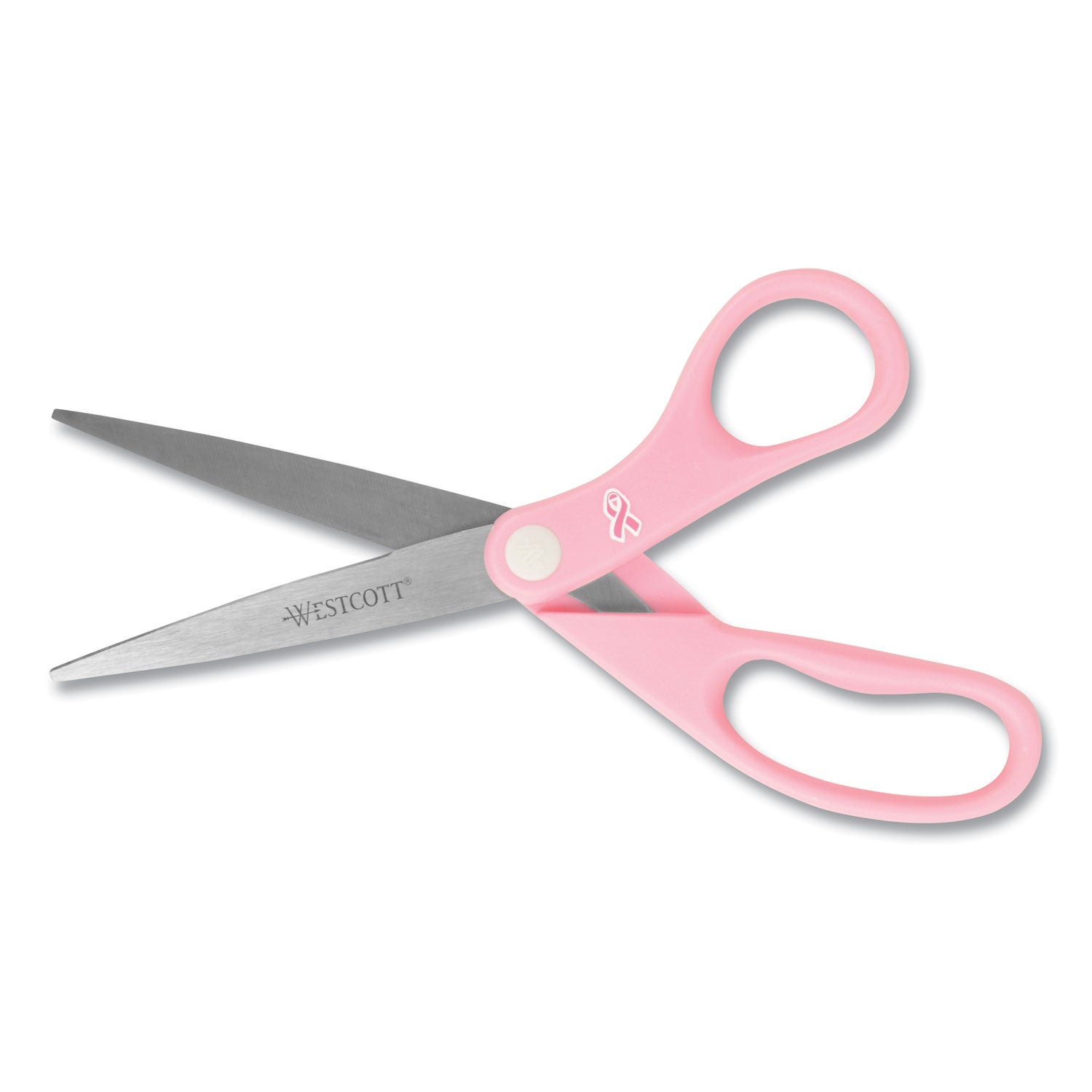 Westcott® All Purpose Pink Ribbon Scissors, Breast Cancer Awareness, 8" Long, 3.5" Cut Length, Straight Pink Handle