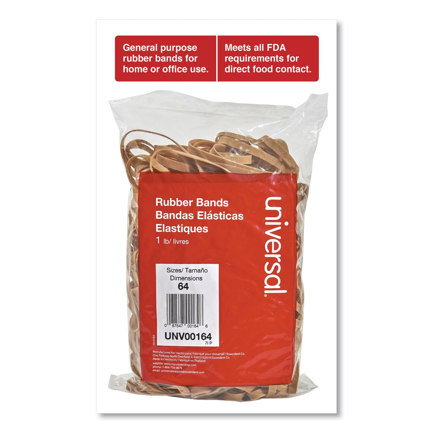 Universal® Rubber Bands, Size 64, 0.04" Gauge, Beige, 1 Lb Bag, 320/pack
