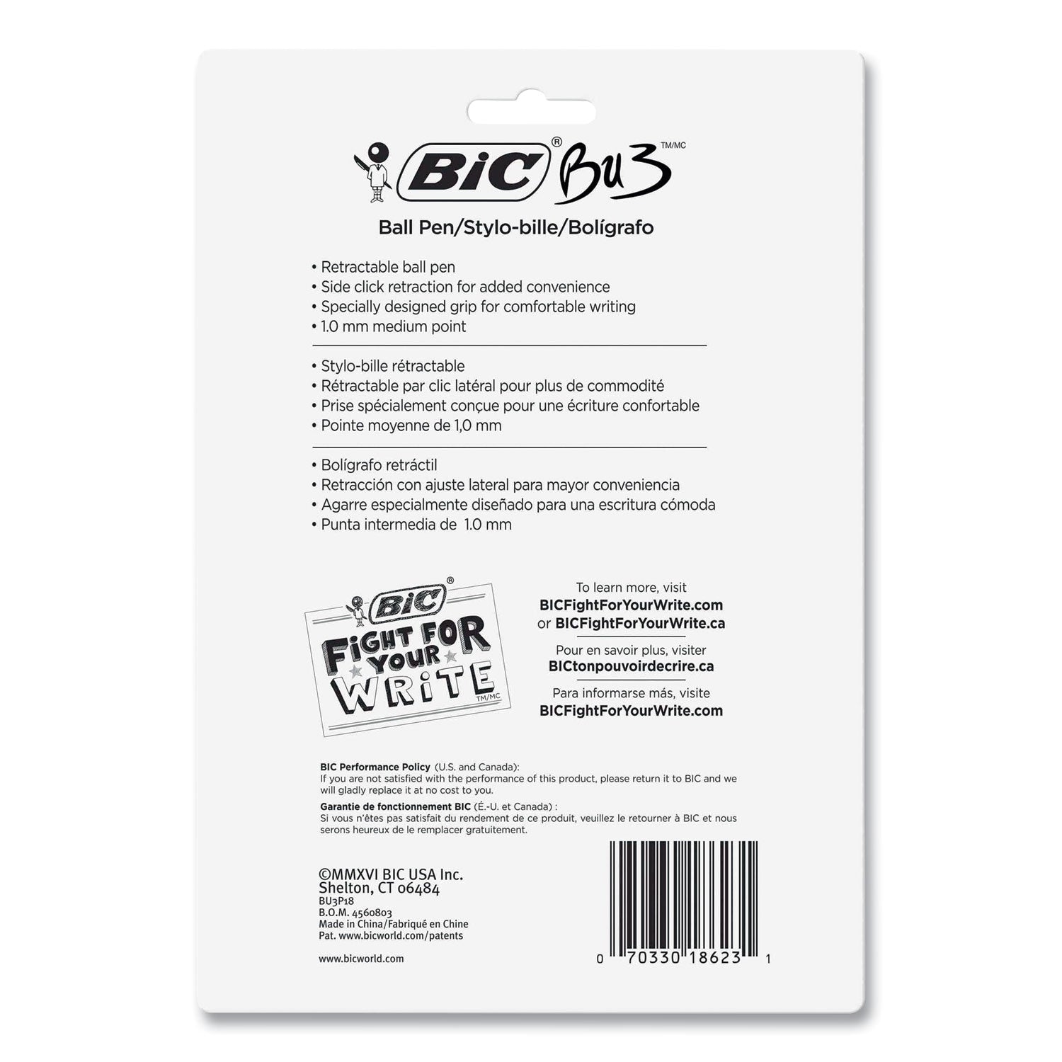 BIC® BU3 Ballpoint Pen, Retractable, Medium 1 mm, Black Ink, Smoke/Black Barrel, 18/Pack