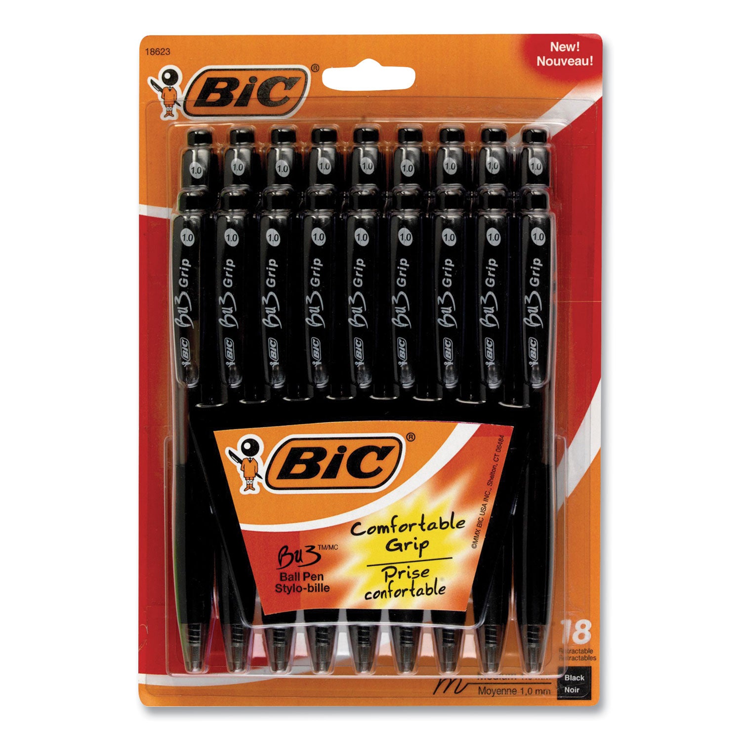 BIC® BU3 Ballpoint Pen, Retractable, Medium 1 mm, Black Ink, Smoke/Black Barrel, 18/Pack