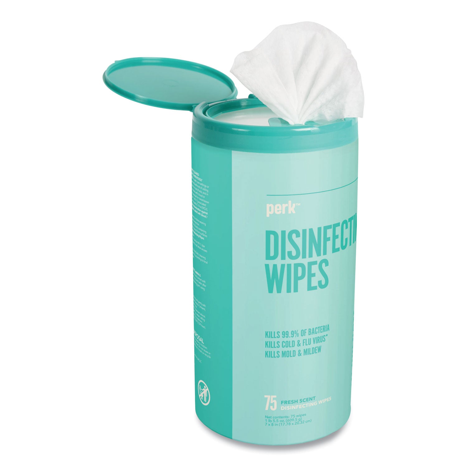 Perk™ Disinfecting Wipes, 7 x 8, Fresh, White, 75 Wipes/Canister