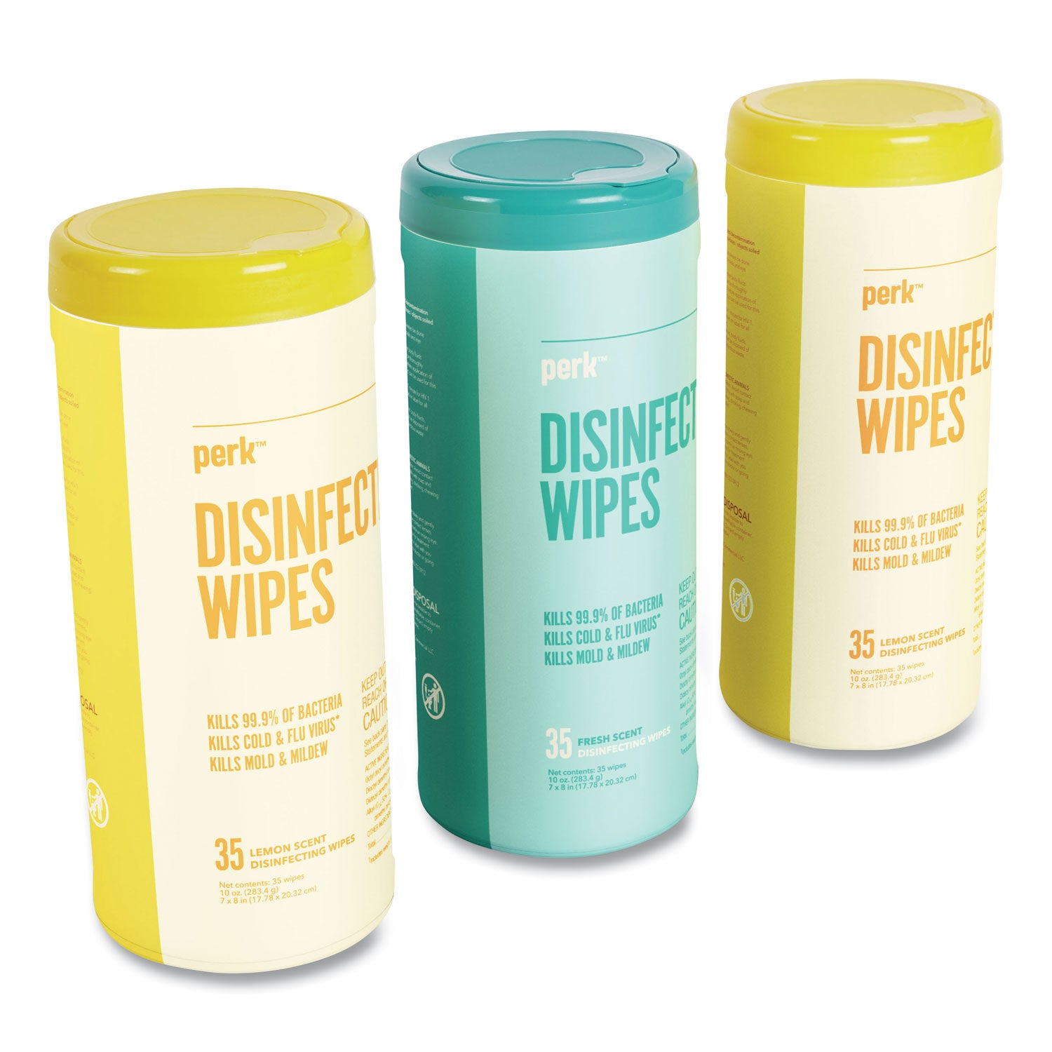 Perk™ Disinfecting Wipes, 7 x 8, Fresh/Lemon, White, 35 Wipes/Canister, 3 Canisters/Pack