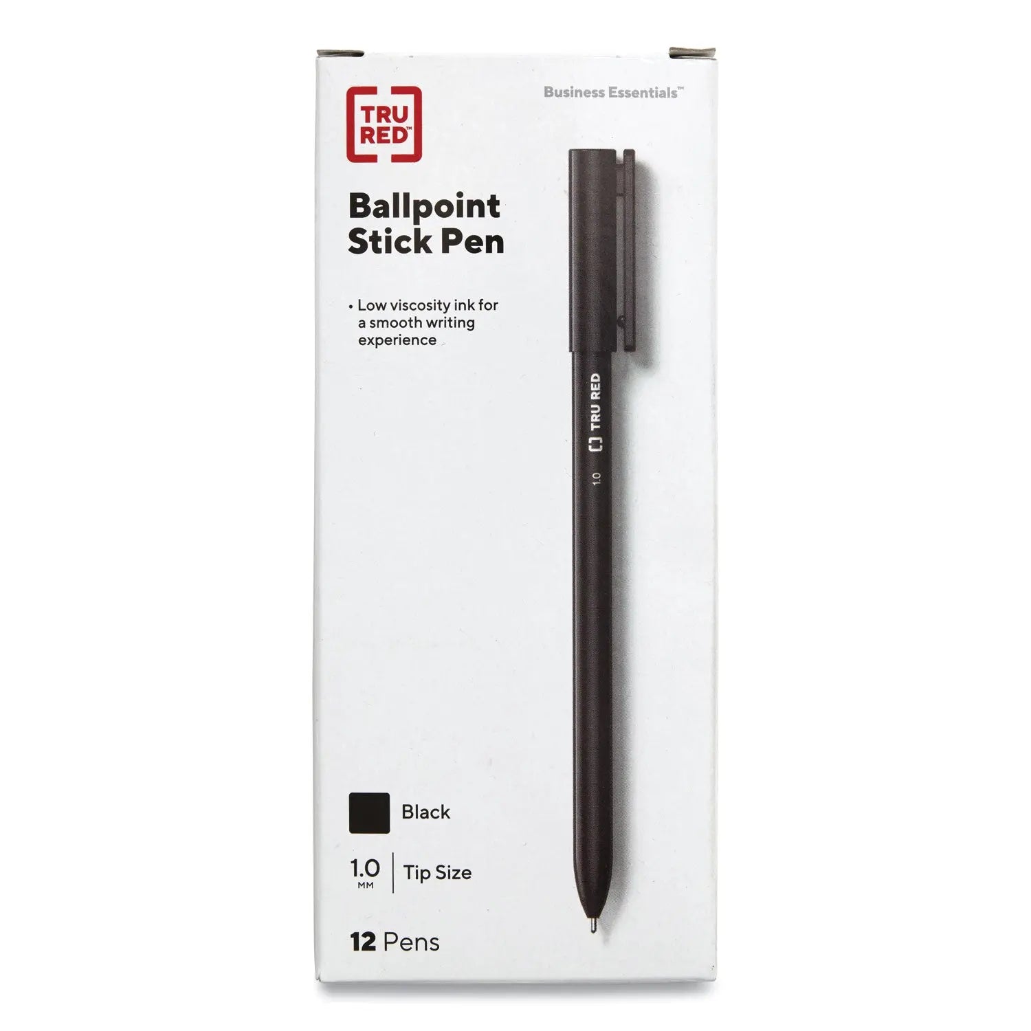 Ballpoint Pen, Stick, Medium 1 mm, Black Ink, Black Barrel, Dozen TRU RED™ Flipcost
