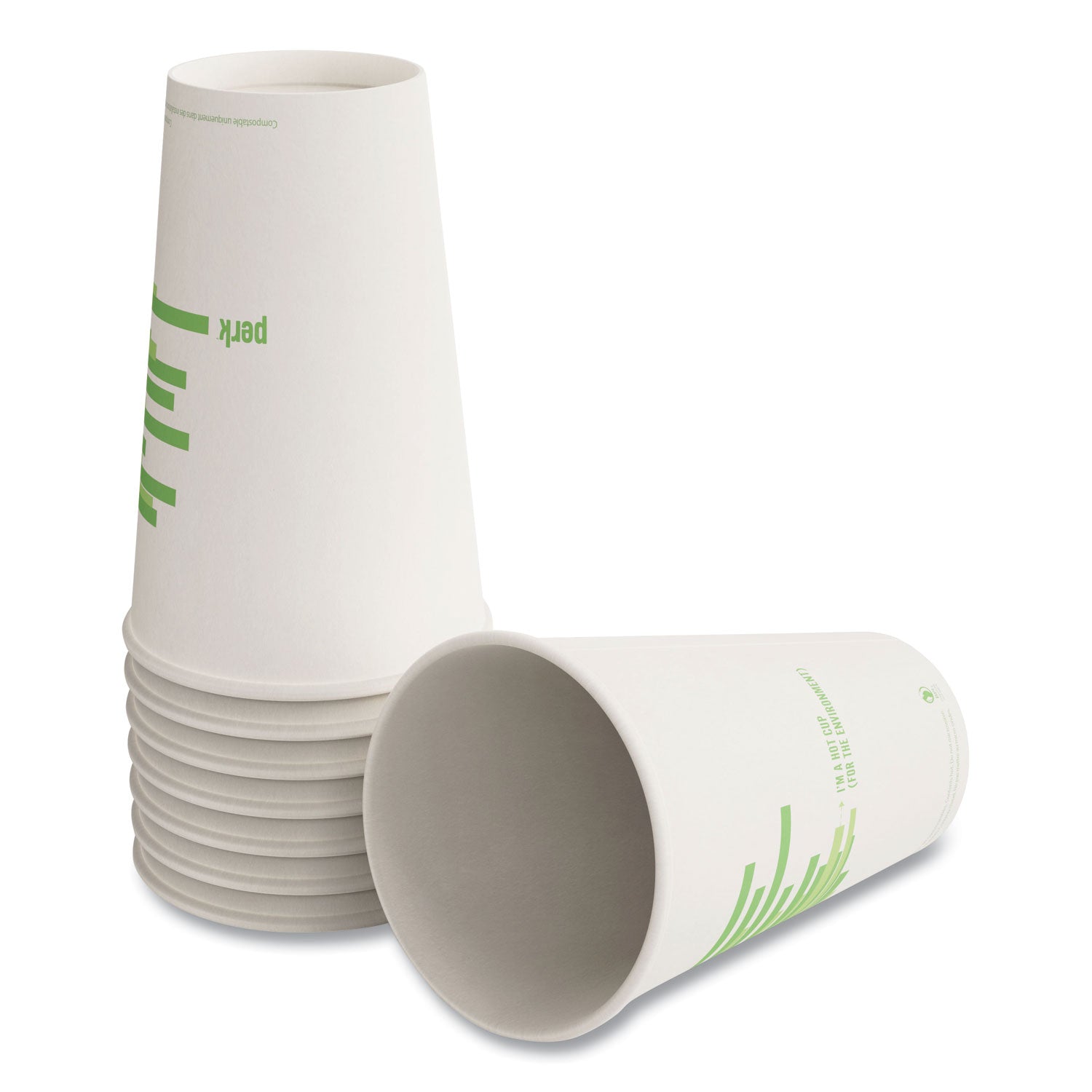 Perk™ Eco-Id Compostable Paper Hot Cups, 16 Oz, White/green, 50/pack, 6 Packs/carton