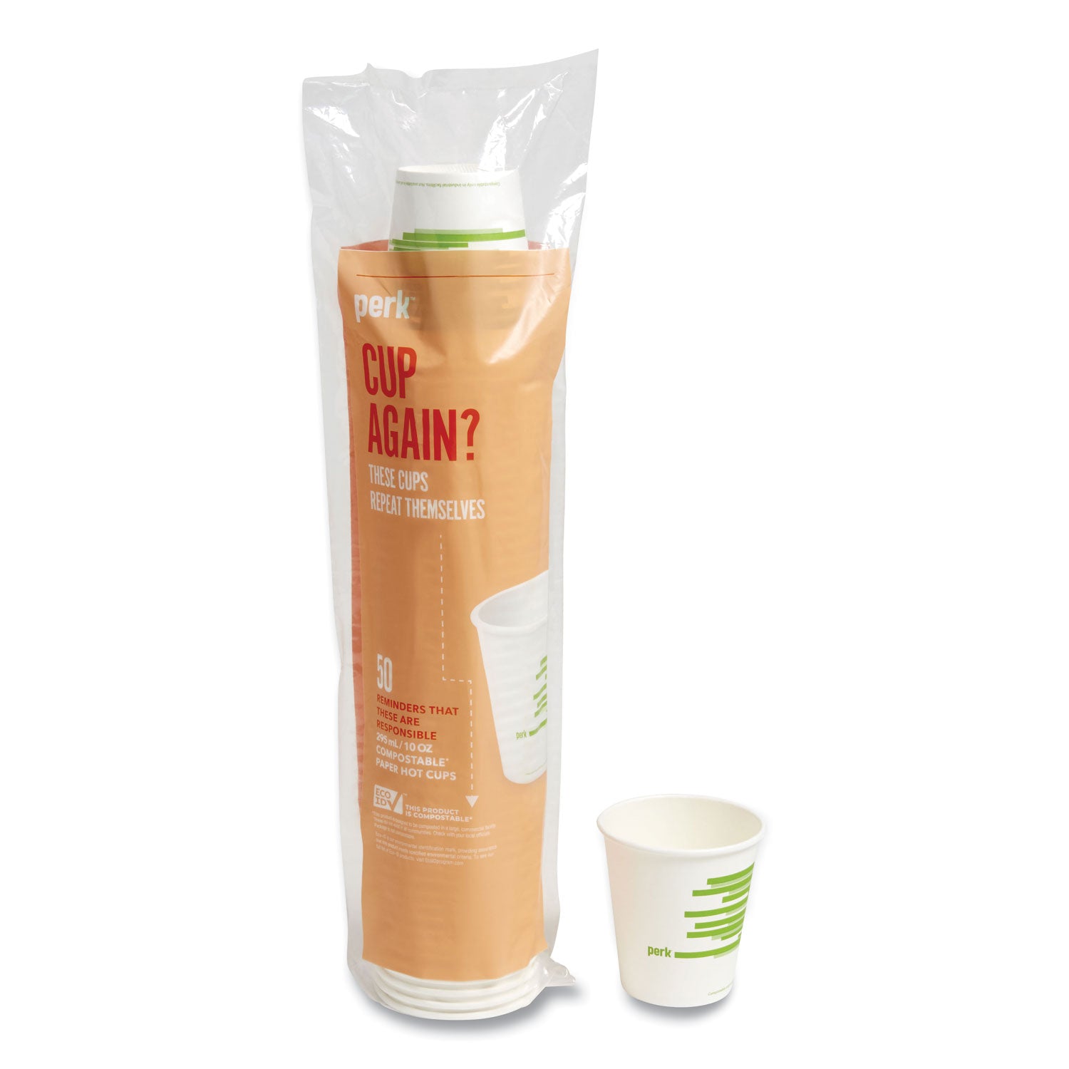 Perk™ Eco-Id Compostable Paper Hot Cups, 10 Oz, White/green, 50/pack