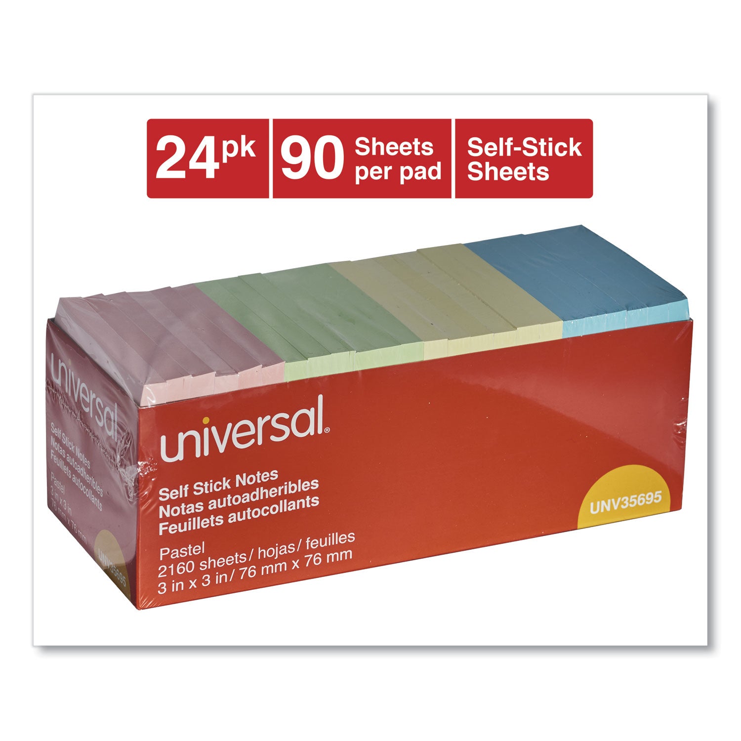 Universal® Self-Stick Note Pad Cabinet Pack, 3" x 3", Assorted Pastel Colors, 90 Sheets/Pad, 24 Pads/Pack