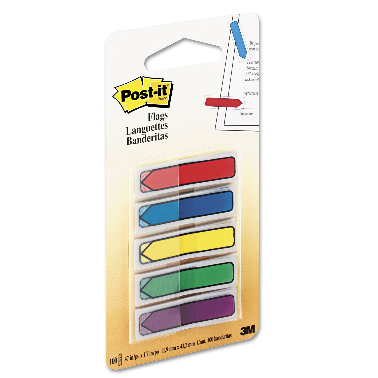 Post-it® Flags Arrow 0.5" Page Flags, Blue/Green/Purple/Red/Yellow, 20/Color, 100/Pack