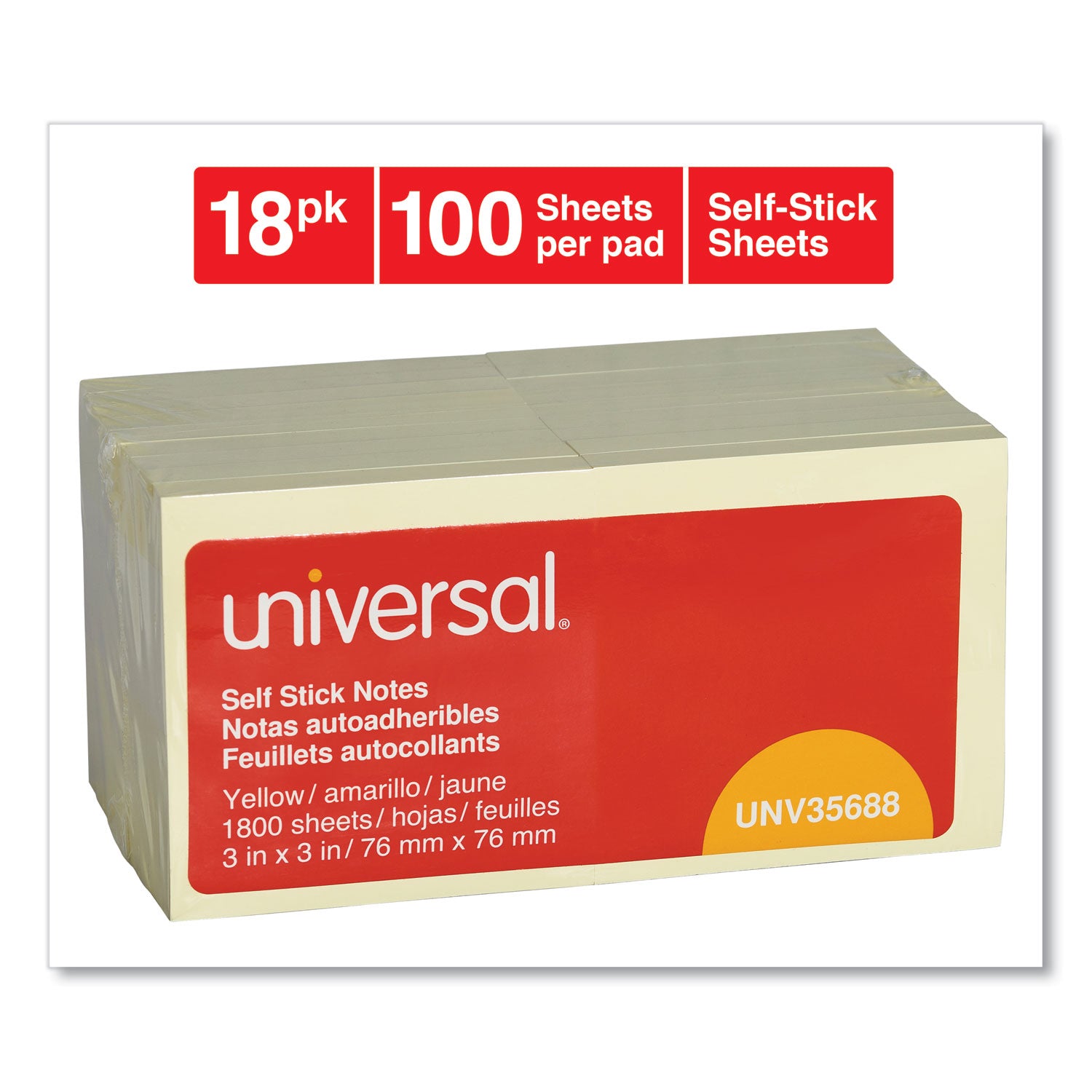 Universal® Self-Stick Note Pad Value Pack, 3" x 3", Yellow, 100 Sheets/Pad, 18 Pads/Pack