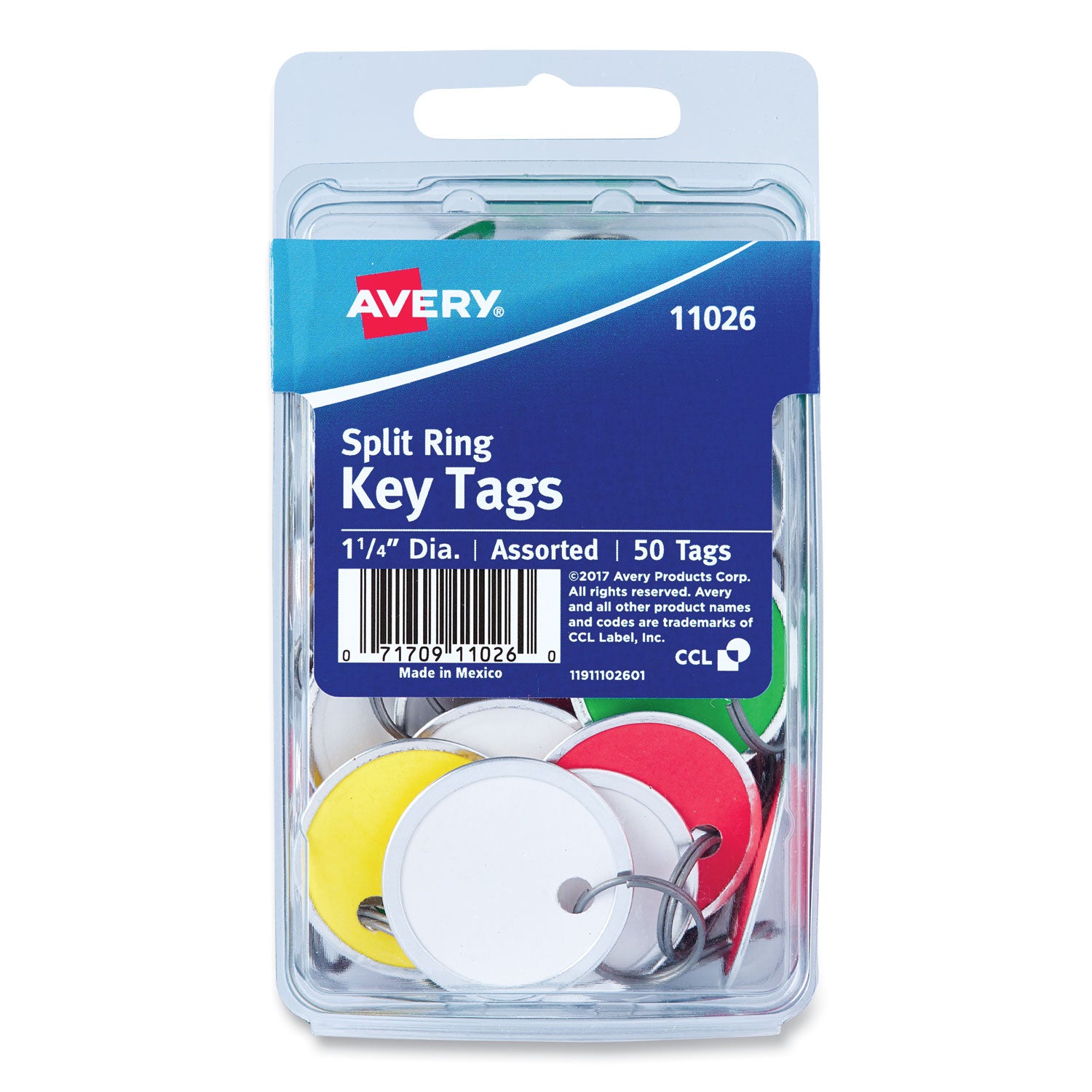 Key Tags with Split Ring, 1.25" dia, Assorted Colors, 50/Pack
