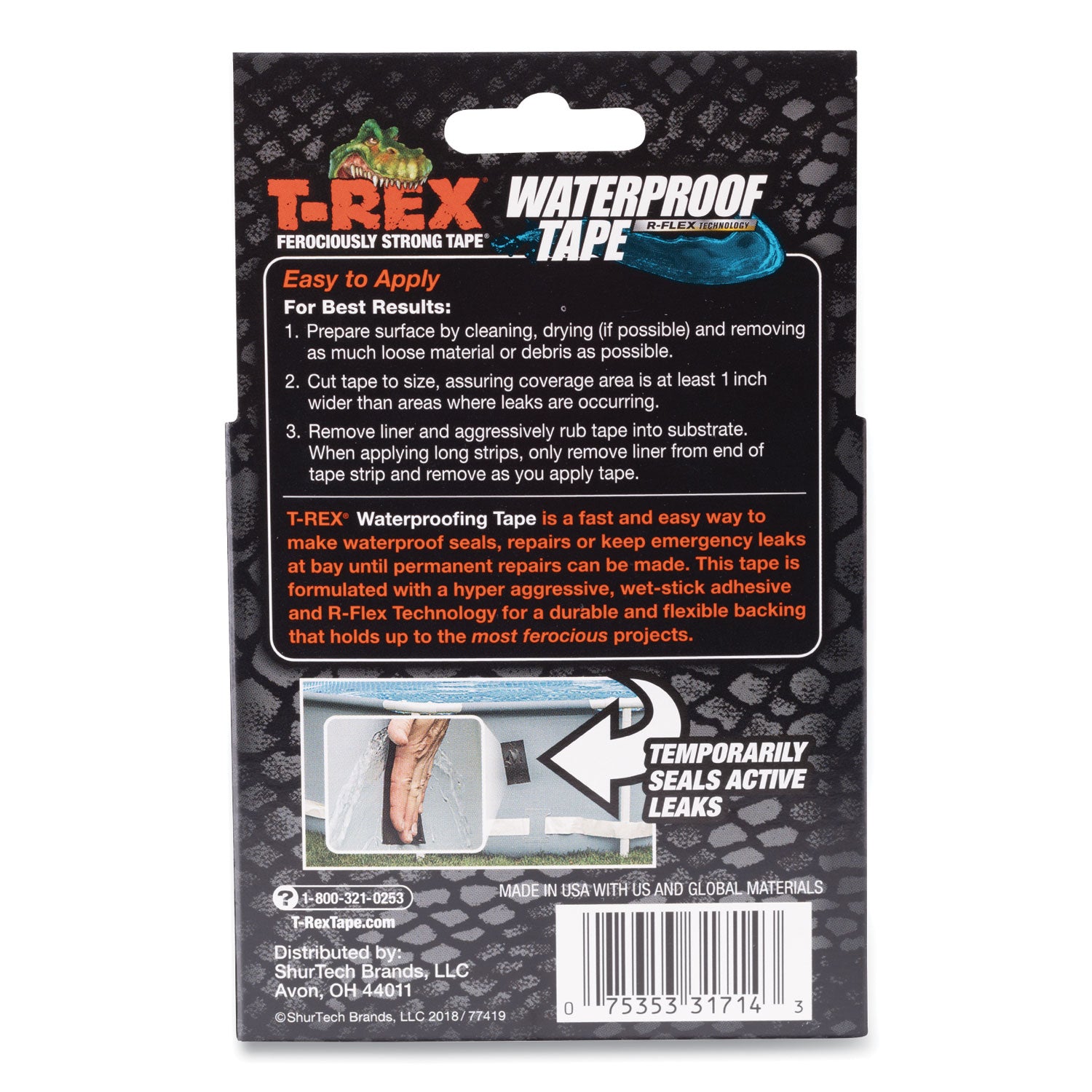 T-REX® Waterproof Tape, 3" Core, 2" X 5 Ft, Black