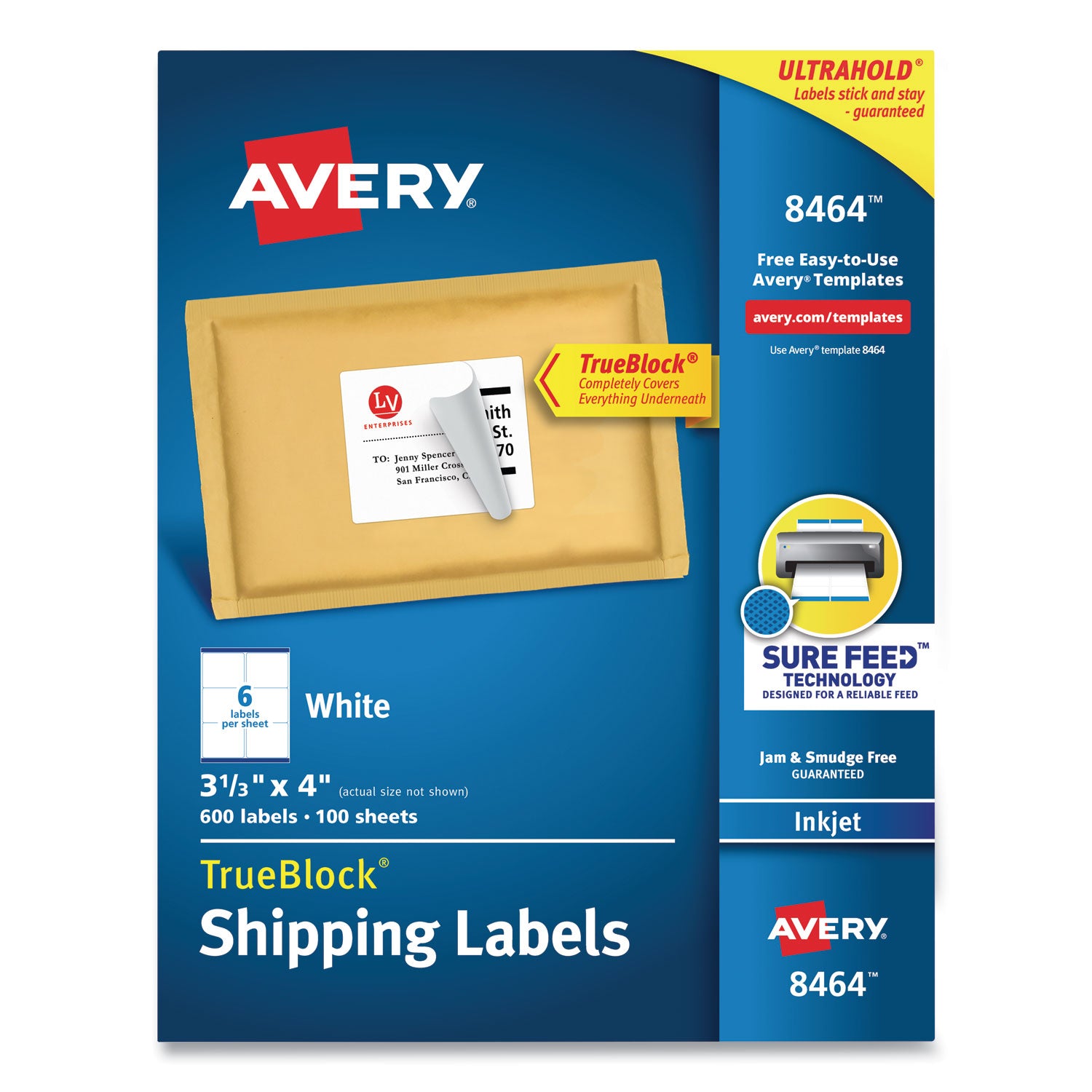Shipping Labels w/ TrueBlock Technology, Inkjet Printers, 3.33 x 4, White, 6/Sheet, 100 Sheets/Box