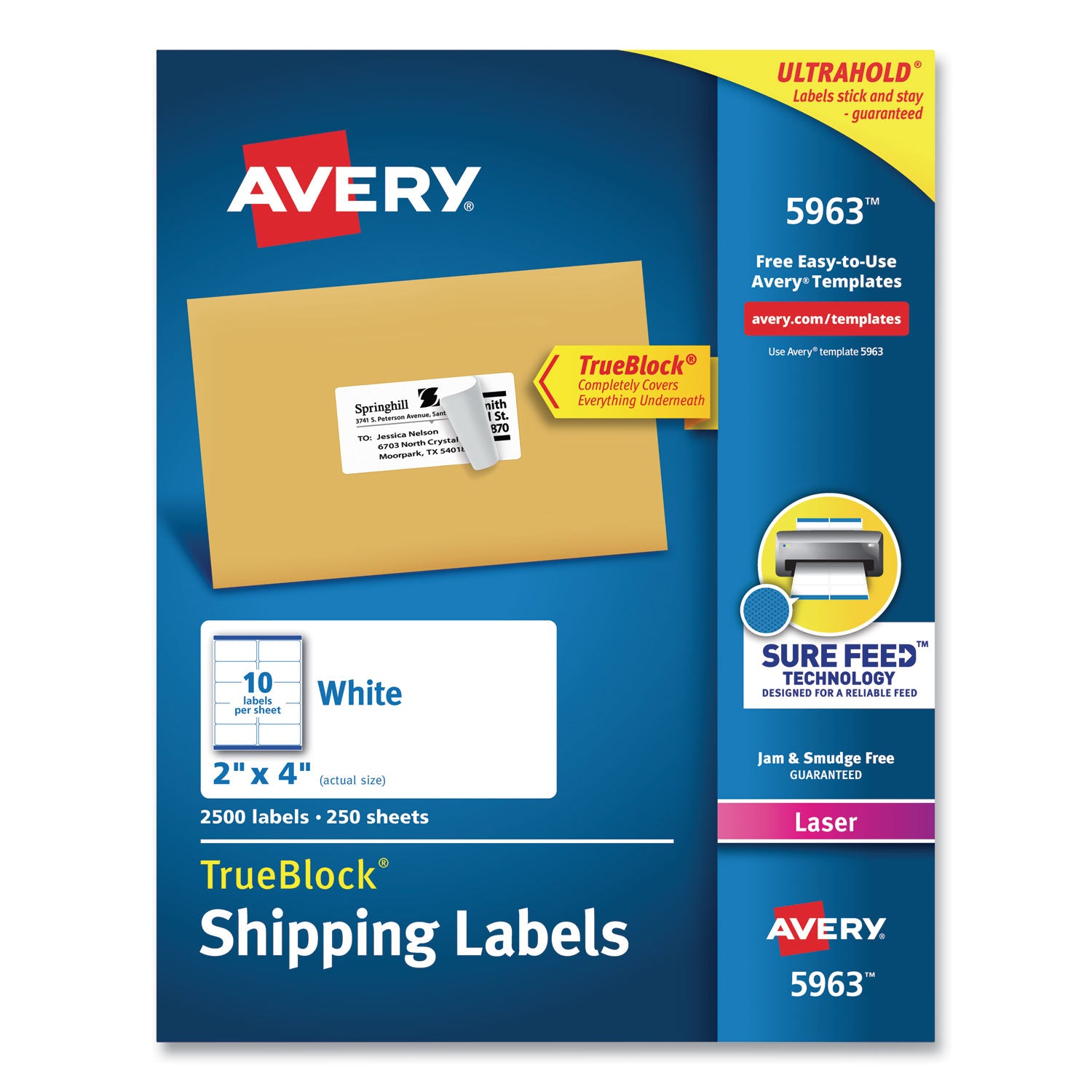 Shipping Labels w/ TrueBlock Technology, Laser Printers, 2 x 4, White, 10/Sheet, 250 Sheets/Box