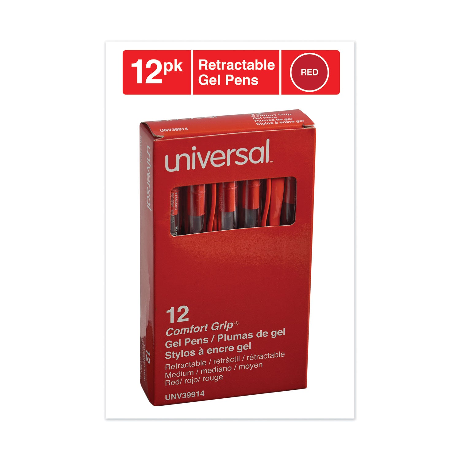 Universal™ Comfort Grip Gel Pen, Retractable, Medium 0.7 mm, Red Ink, Clear/Red Barrel, Dozen