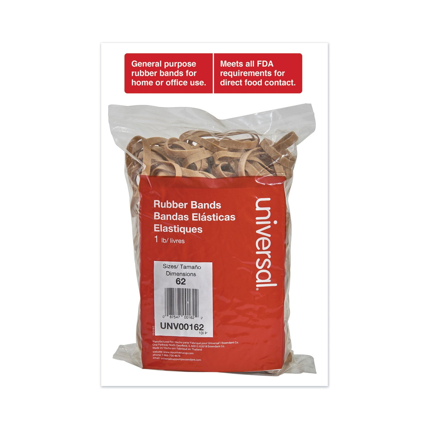 Universal® Rubber Bands, Size 62, 0.04" Gauge, Beige, 1 Lb Box, 490/pack