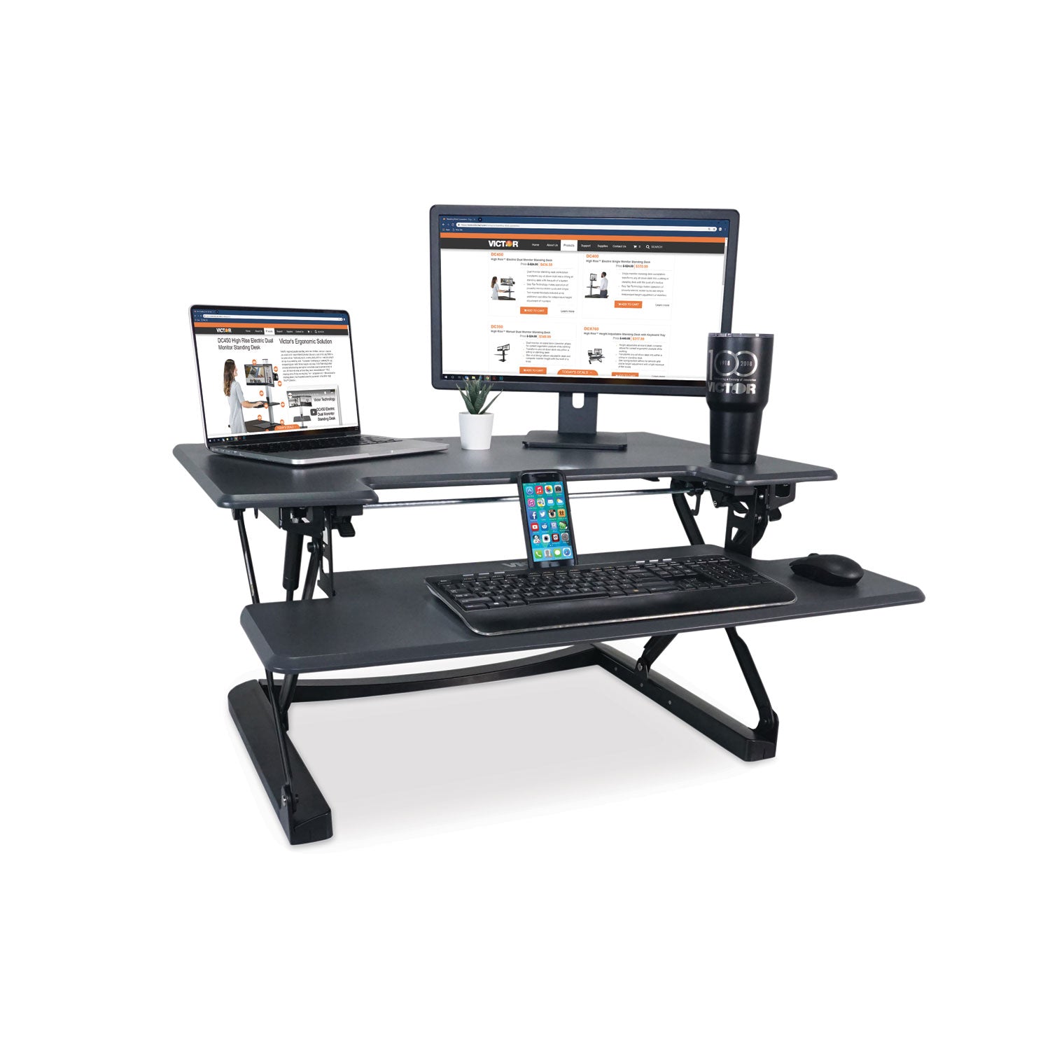 High Rise Height Adjustable Standing Desk with Keyboard Tray, 36" x 31.25" x 5.25" to 20", Gray/Black