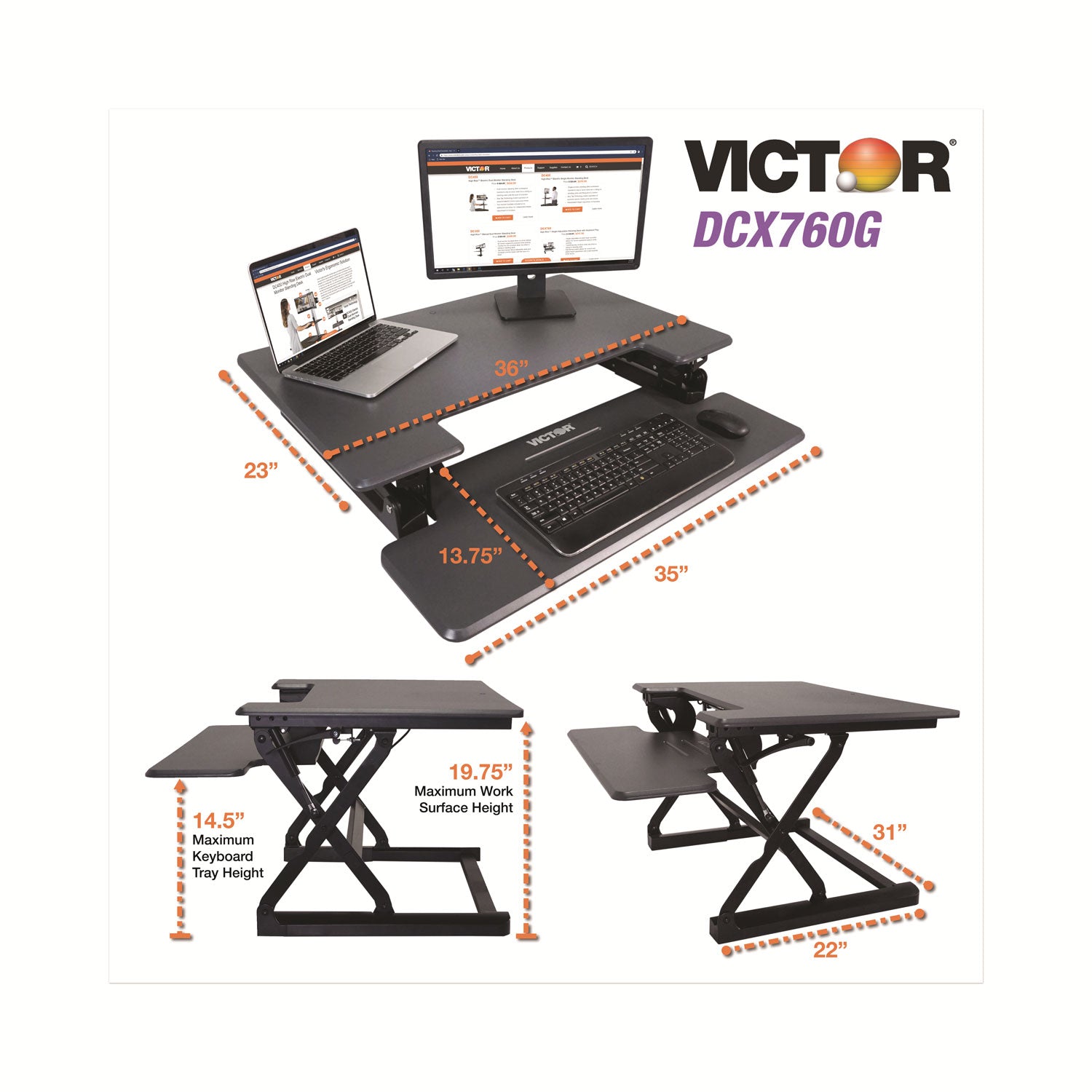 Victor® High Rise Height Adjustable Standing Desk With Keyboard Tray, 36" X 31.25" X 5.25" To 20", Gray/black