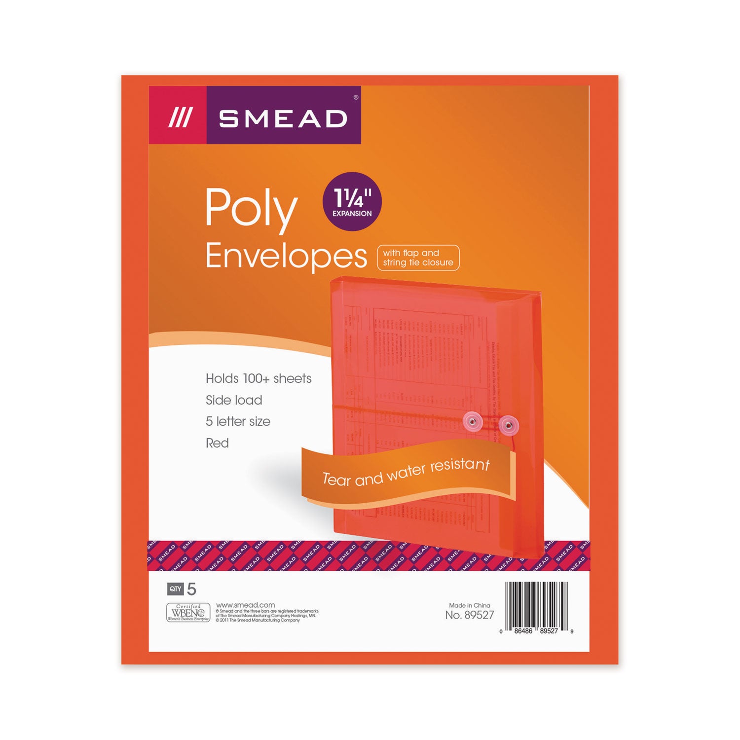 Smead Poly String and Button Interoffice Envelopes, Open-Side (Horizontal), 9.75 x 11.63, Transparent Red, 5/Pack