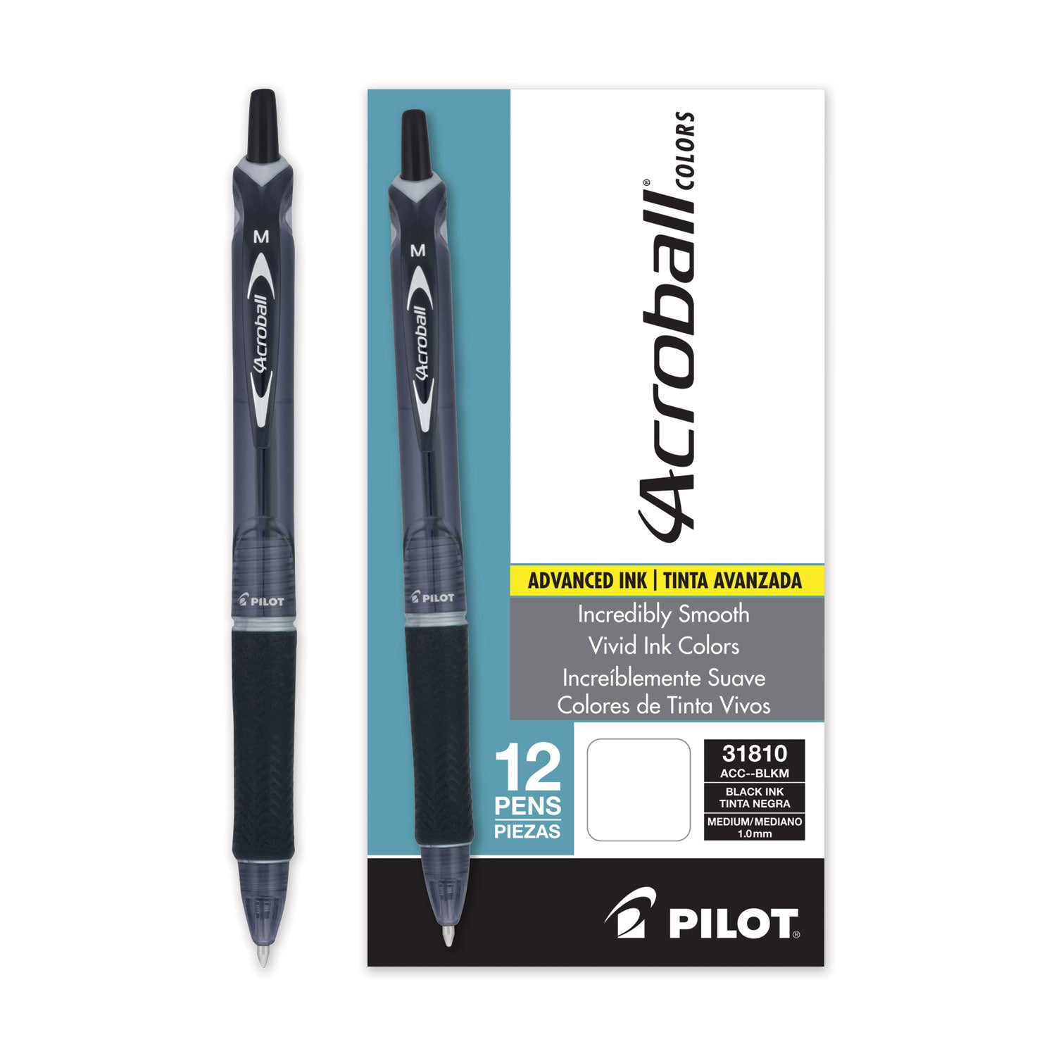 Pilot® Acroball Colors Advanced Ink Hybrid Gel Pen, Retractable, Medium 1 mm, Black Ink, Smoke/Black Barrel, Dozen