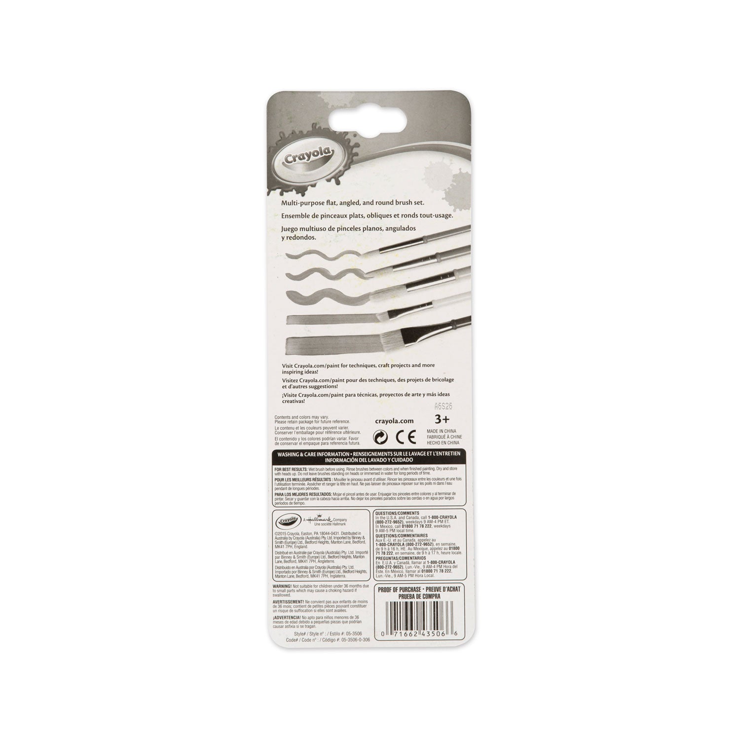 Crayola® Arts And Craft Brush Set, Assorted Sizes, Natural Hair, Angled, Flat, Round, 5/set