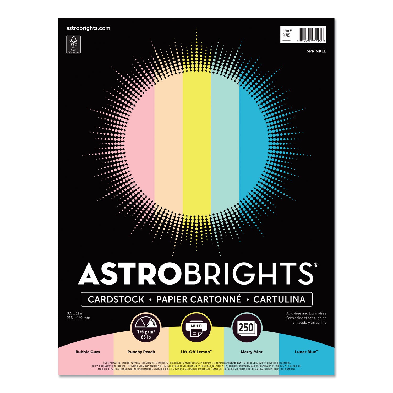 Astrobrights® Color Cardstock, 65 lb Cover Weight, 8.5 x 11, Assorted Colors, 250/Pack