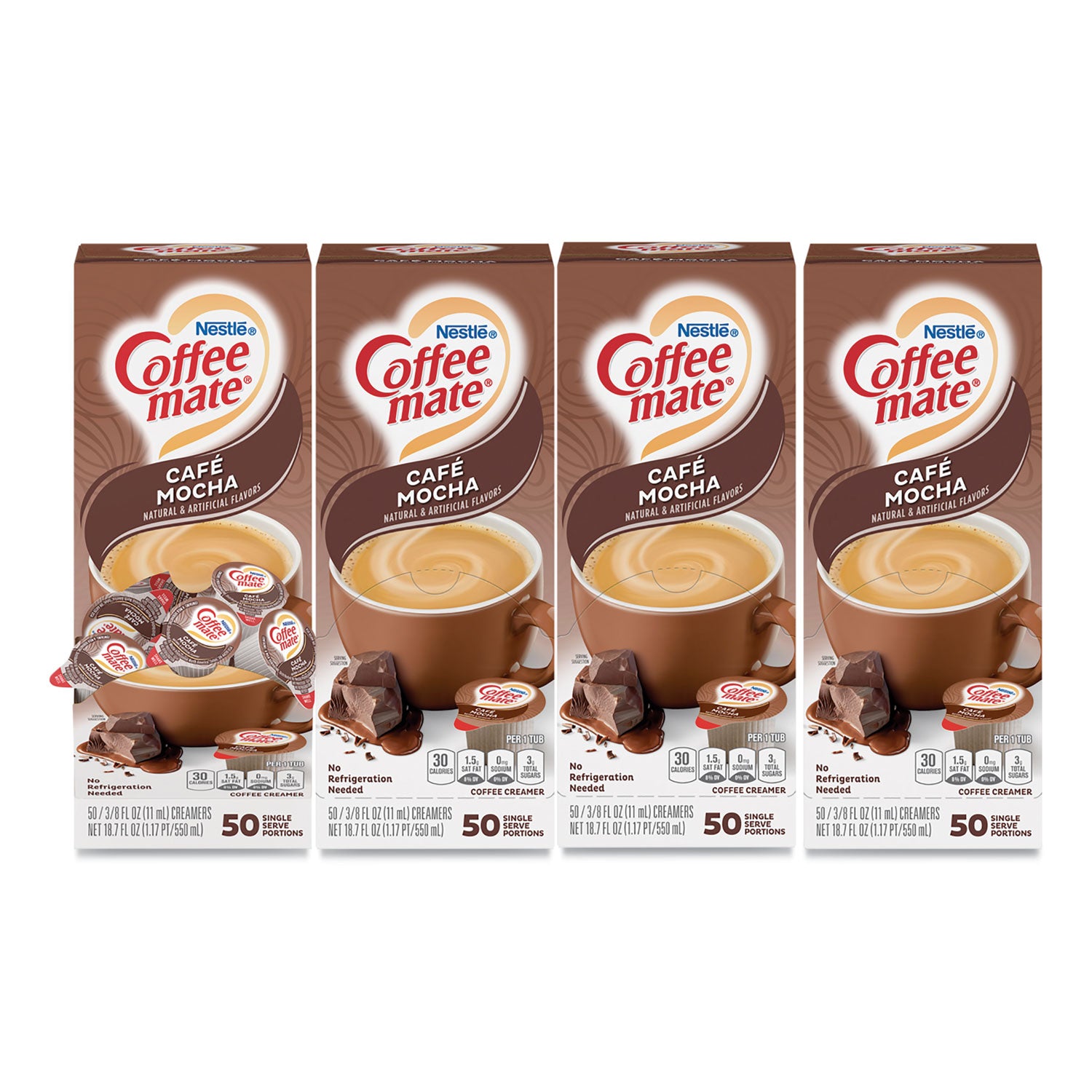 Liquid Coffee Creamer, Cafe Mocha, 0.38 oz Mini Cups, 50/Box, 4 Boxes/Carton, 200 Total/Carton